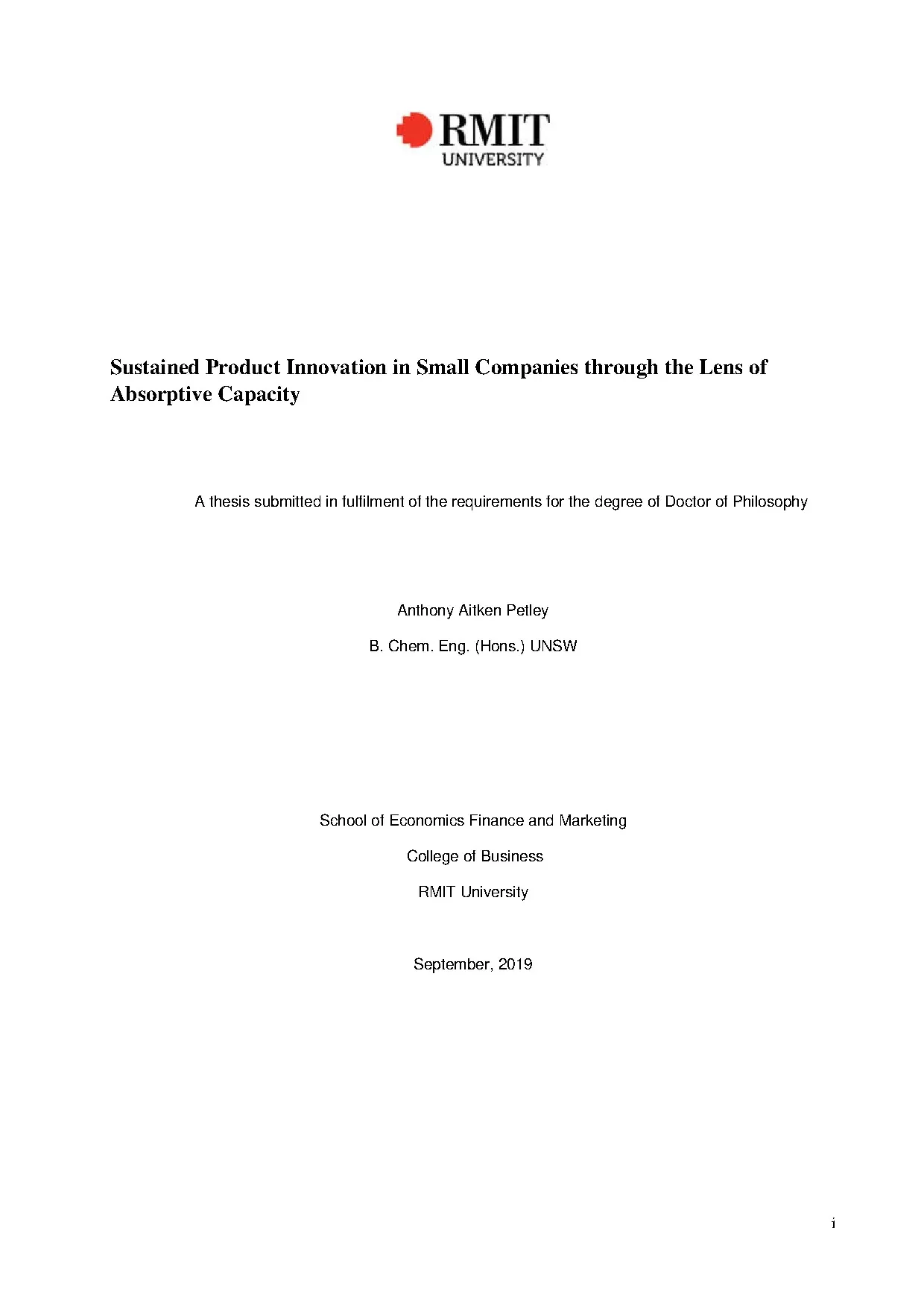 Doctoral thesis of philosophy sustained product innovation i
