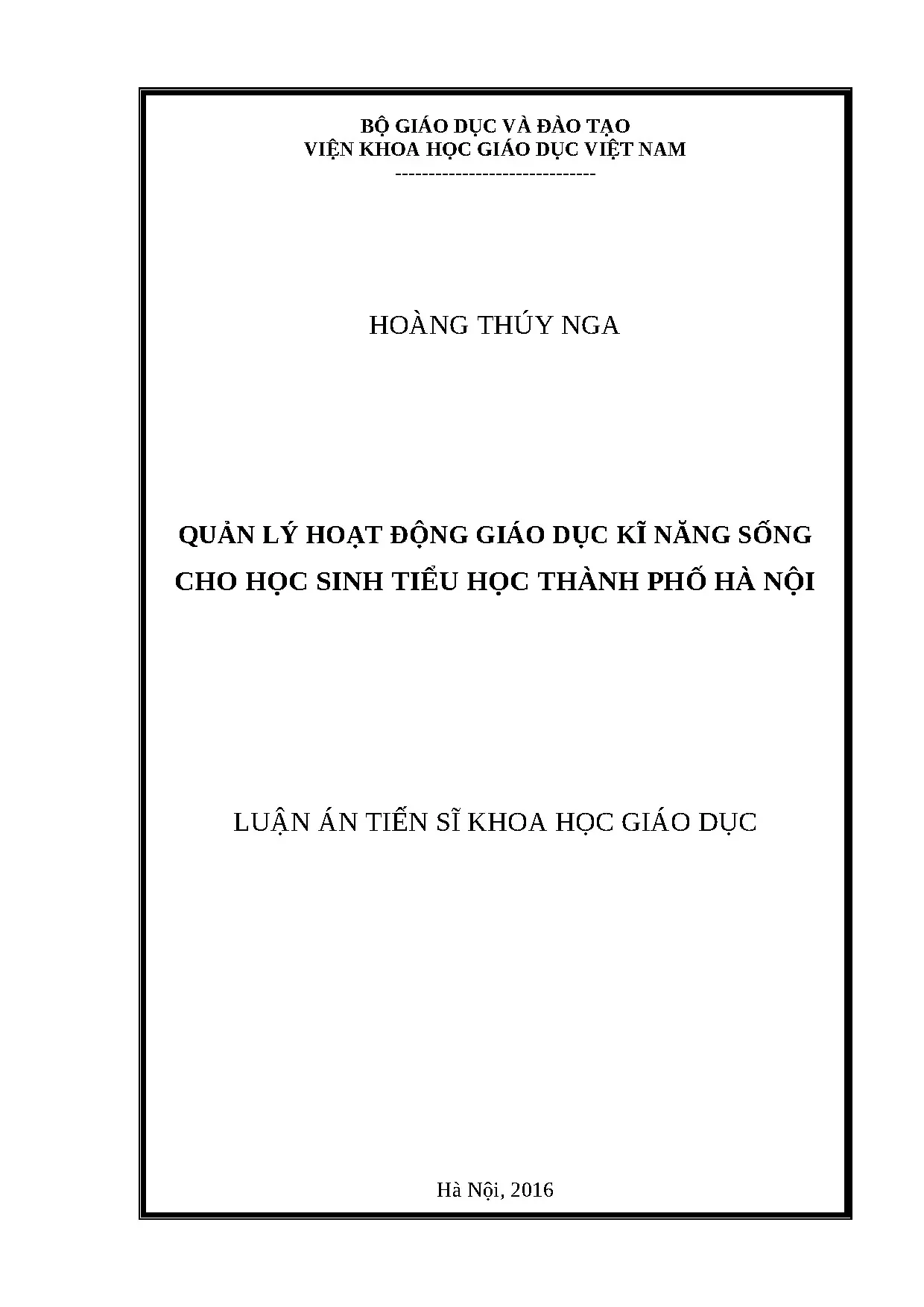 Luận án quản lý hoạt động giáo dục kĩ năng sống cho học sinh