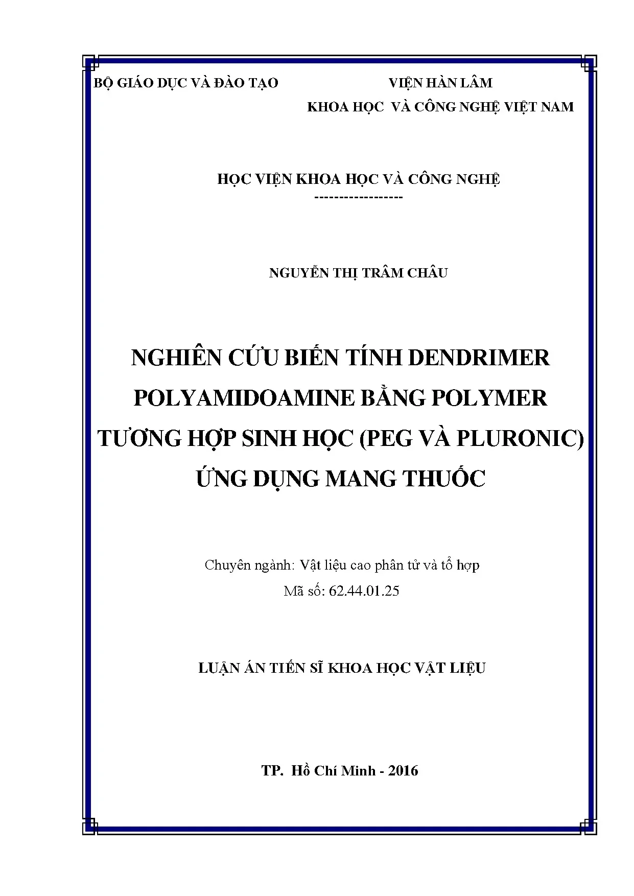 Nghiên cứu biến tính dendrimer PAMAM bằng PEG và Pluronic