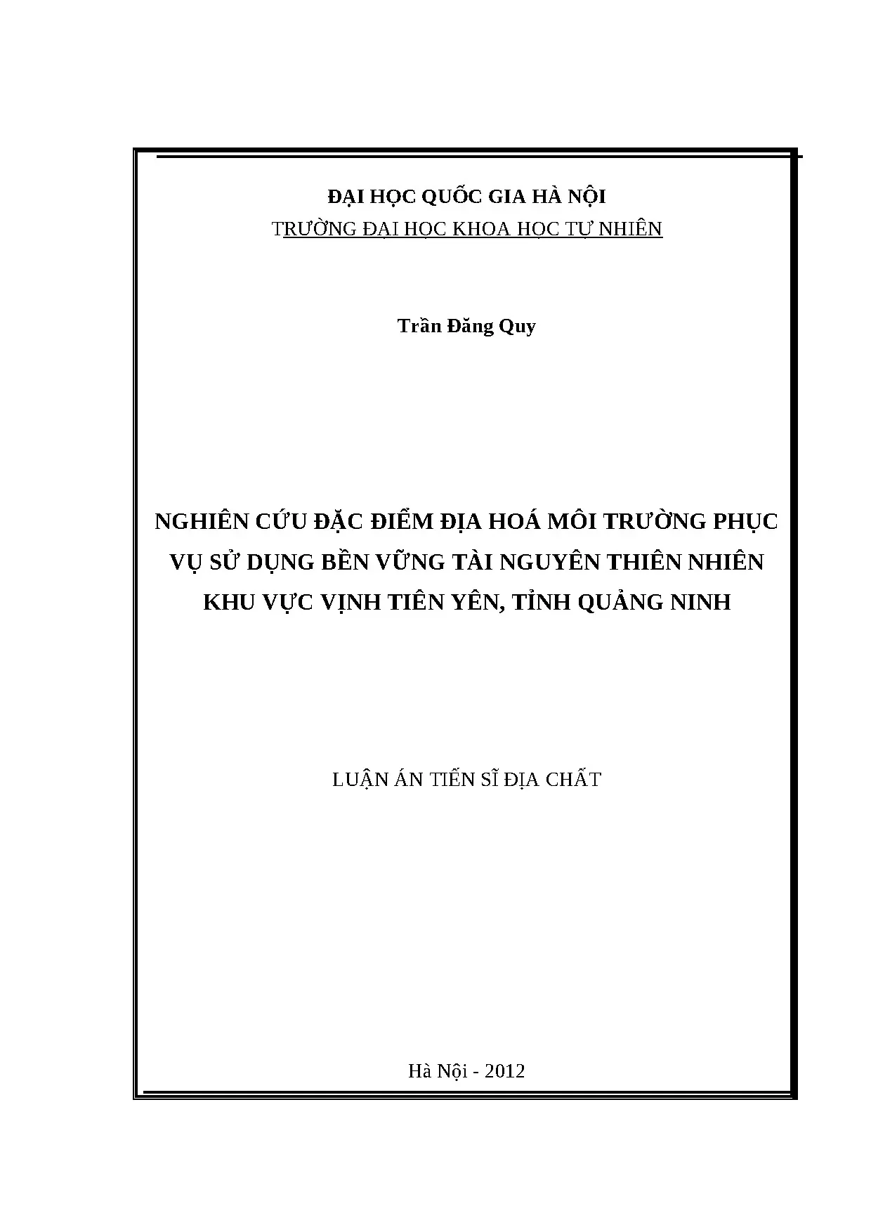 Địa hóa môi trường Vịnh Tiên Yên, Quảng Ninh: Sử dụng bền vững tài nguyên