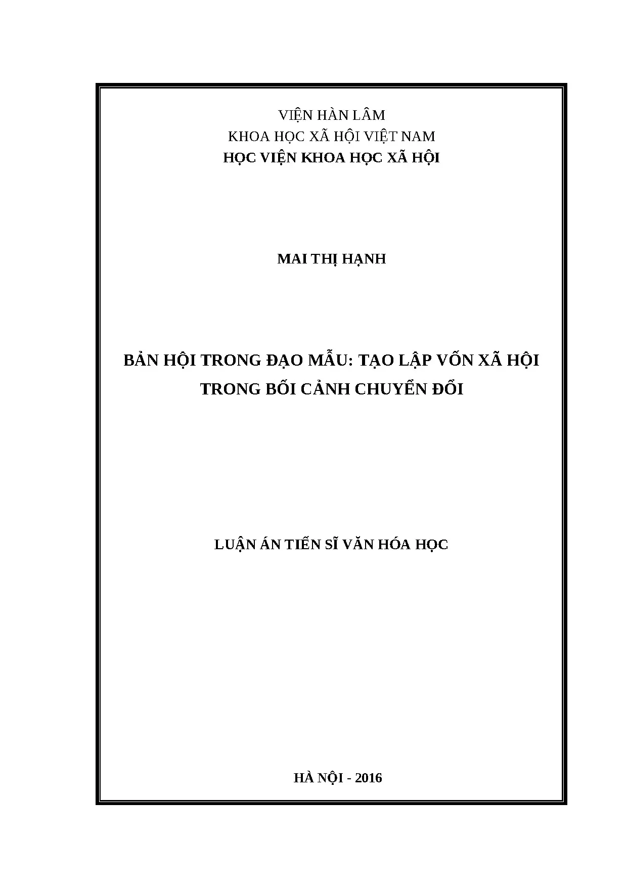 Luận án bản hội trong đạo mẫu tạo lập vốn xã hội trong bối c
