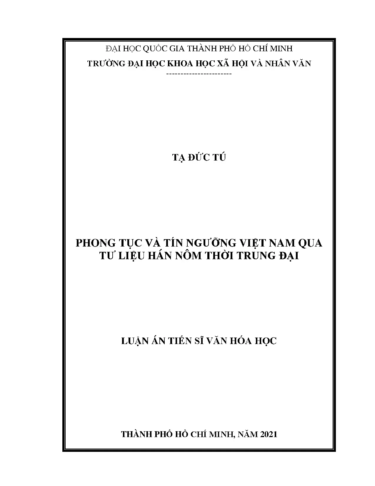 Phong tục tín ngưỡng Việt Nam thời trung đại qua Hán Nôm