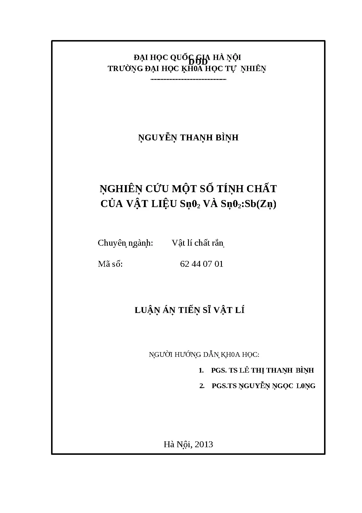 Tính chất vật liệu SnO2 và SnO2:Sb(Zn) - Luận án TS