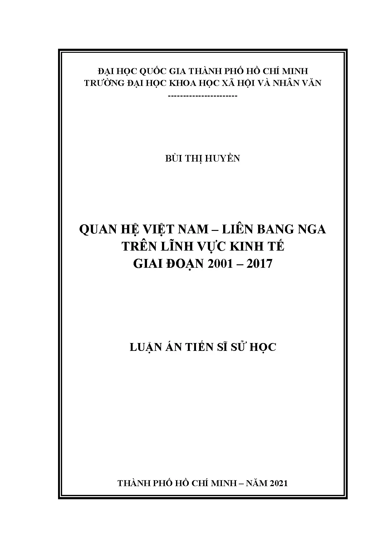 Quan hệ kinh tế Việt - Nga 2001-2017: Luận án TS