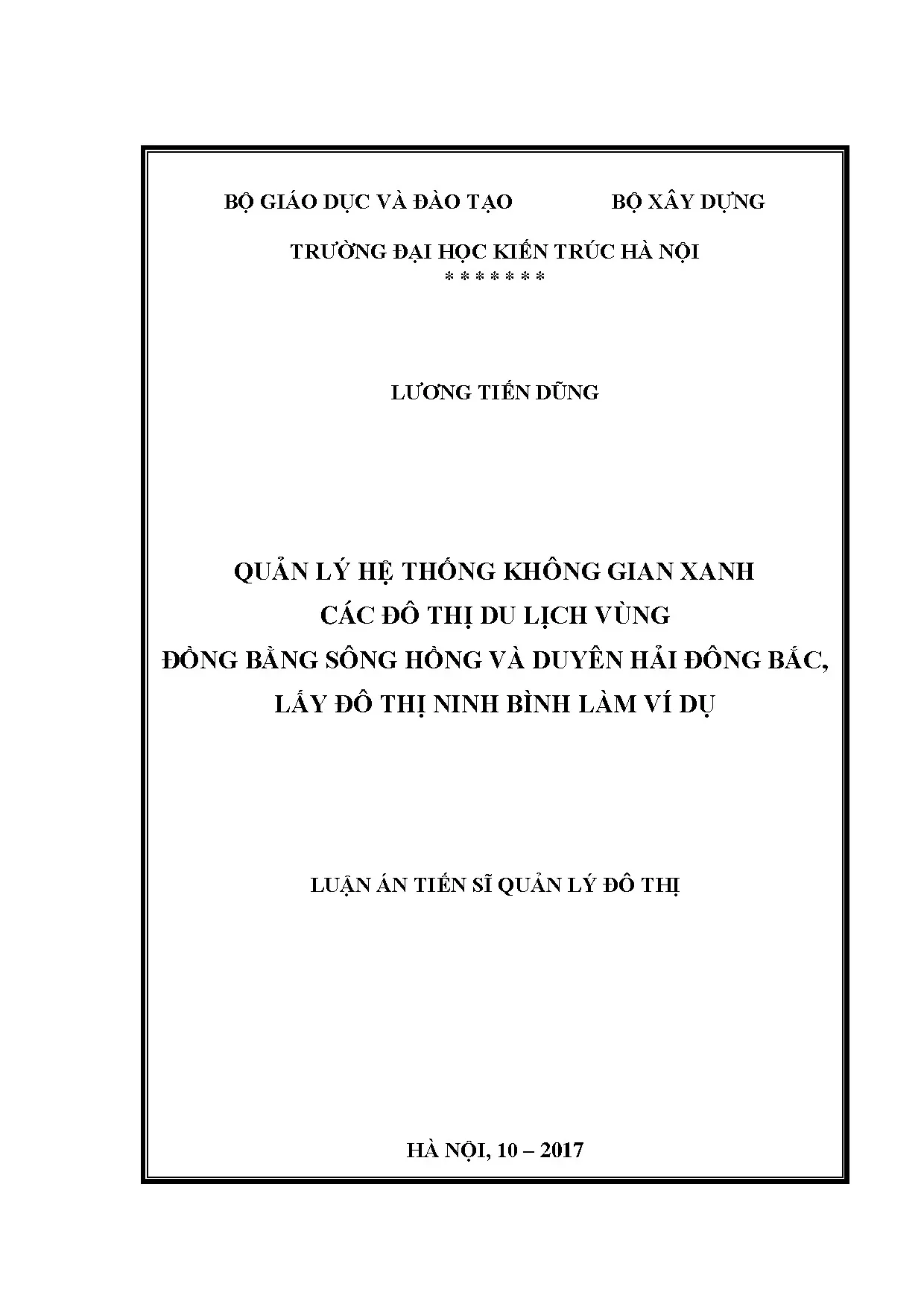 Luận án tiến sĩ quản lý hệ thống không gian xanh các đô thị