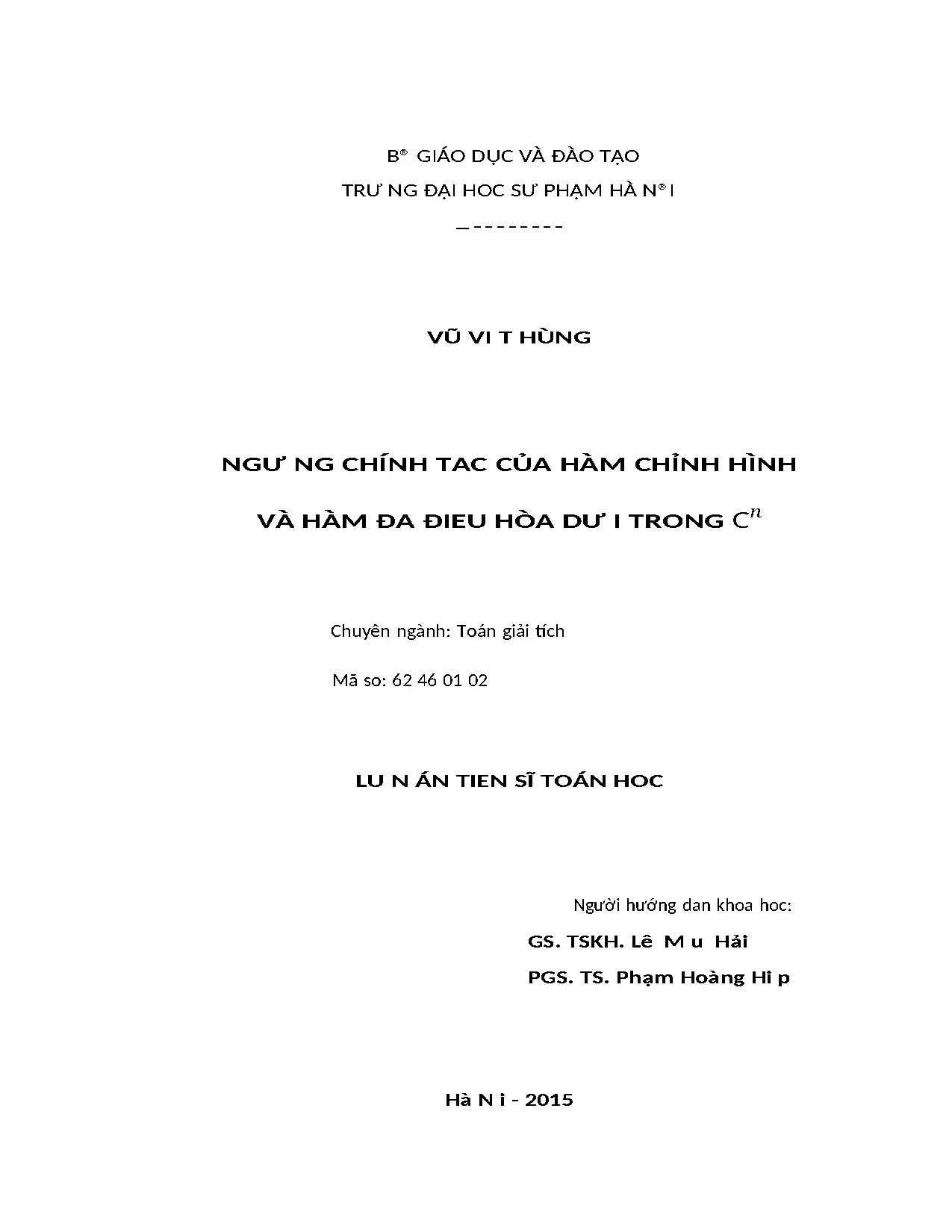Luận án ngư ng chính tac của hàm chỉnh hình và hàm đa đieu h