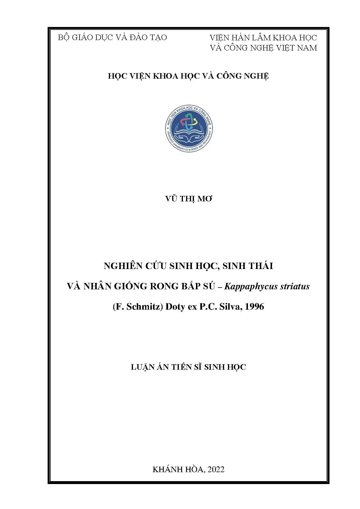 Luận án tiến sĩ sinh học nhân giống rong bắp sú Kappaphycus striatus