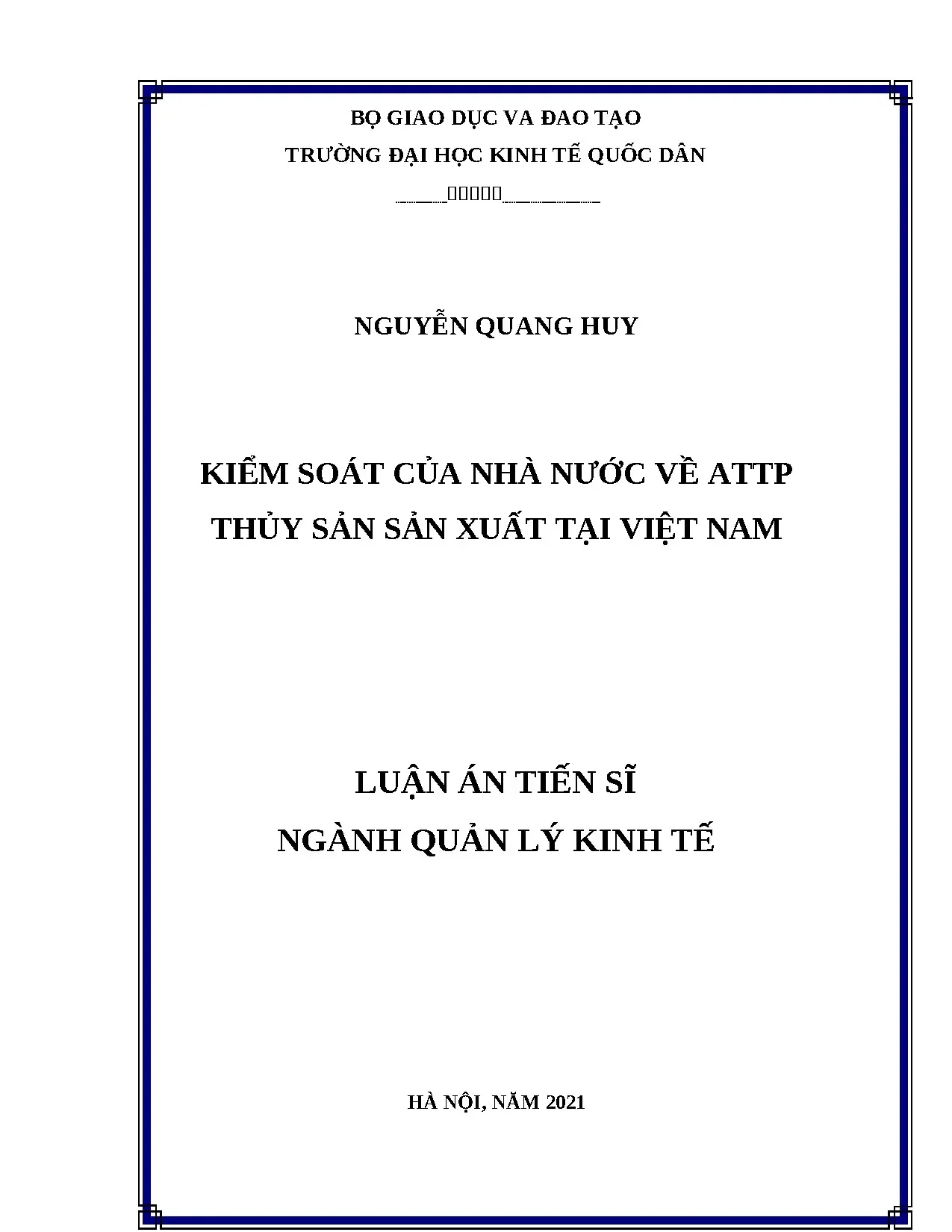Luận án tiến sĩ quản lý kinh tế kiểm soát ATTP thủy sản Việt Nam