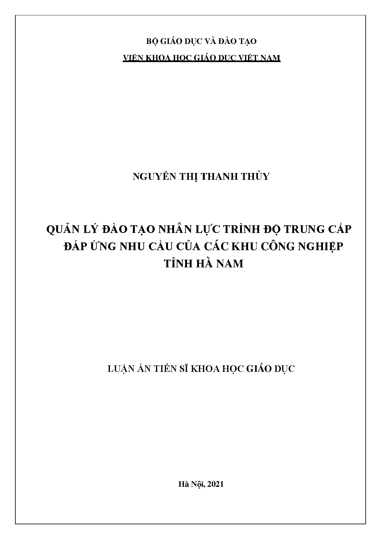 Quản lý đào tạo nhân lực trung cấp cho khu công nghiệp Hà Nam