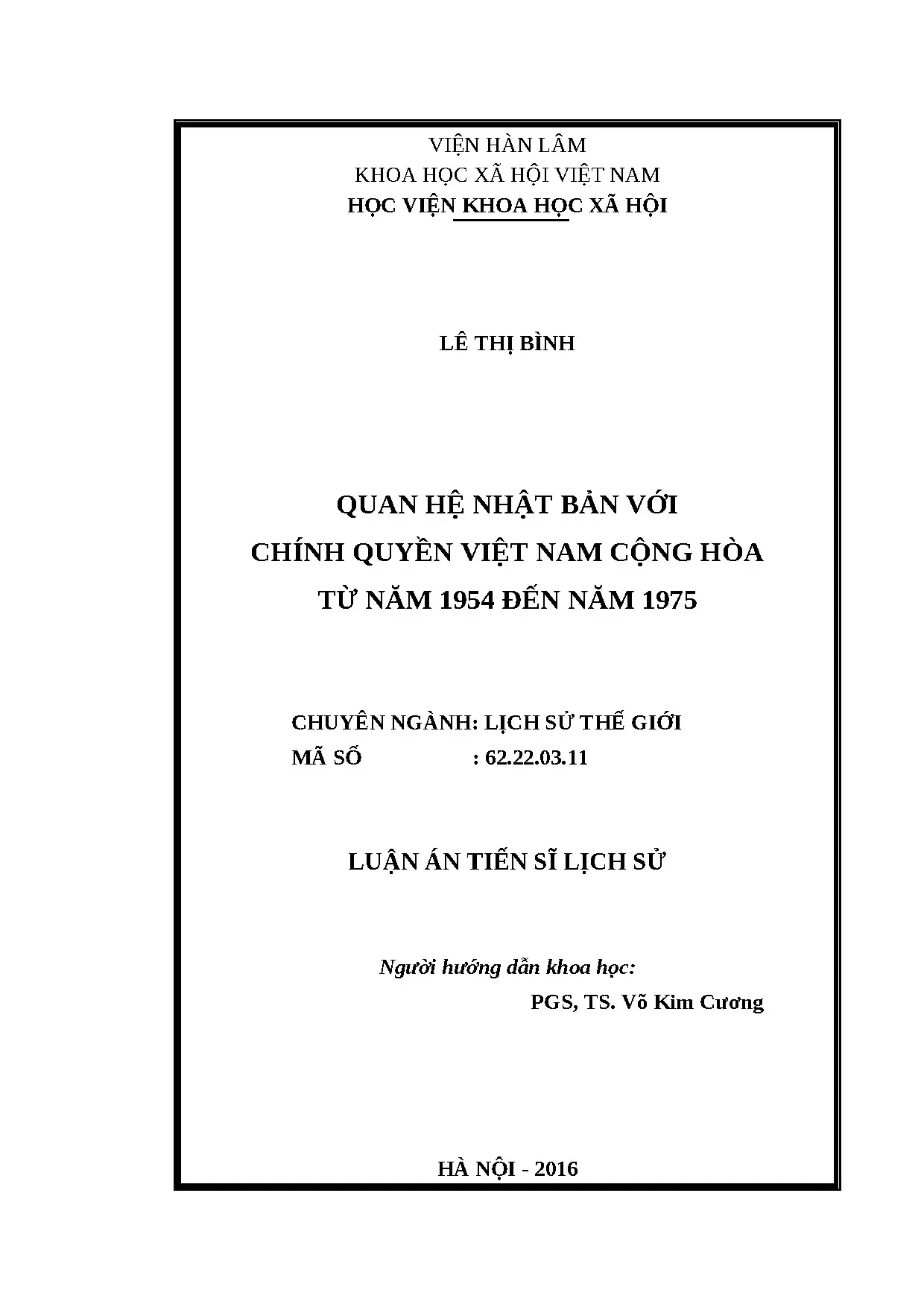 Quan hệ Nhật Bản & VNCH (1954-1975): Luận án TS