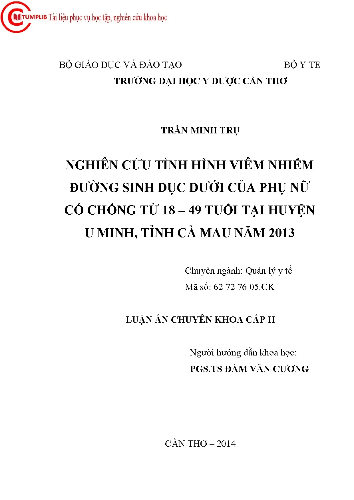 Viêm nhiễm đường sinh dục dưới phụ nữ 18-49 tuổi Cà Mau 2013