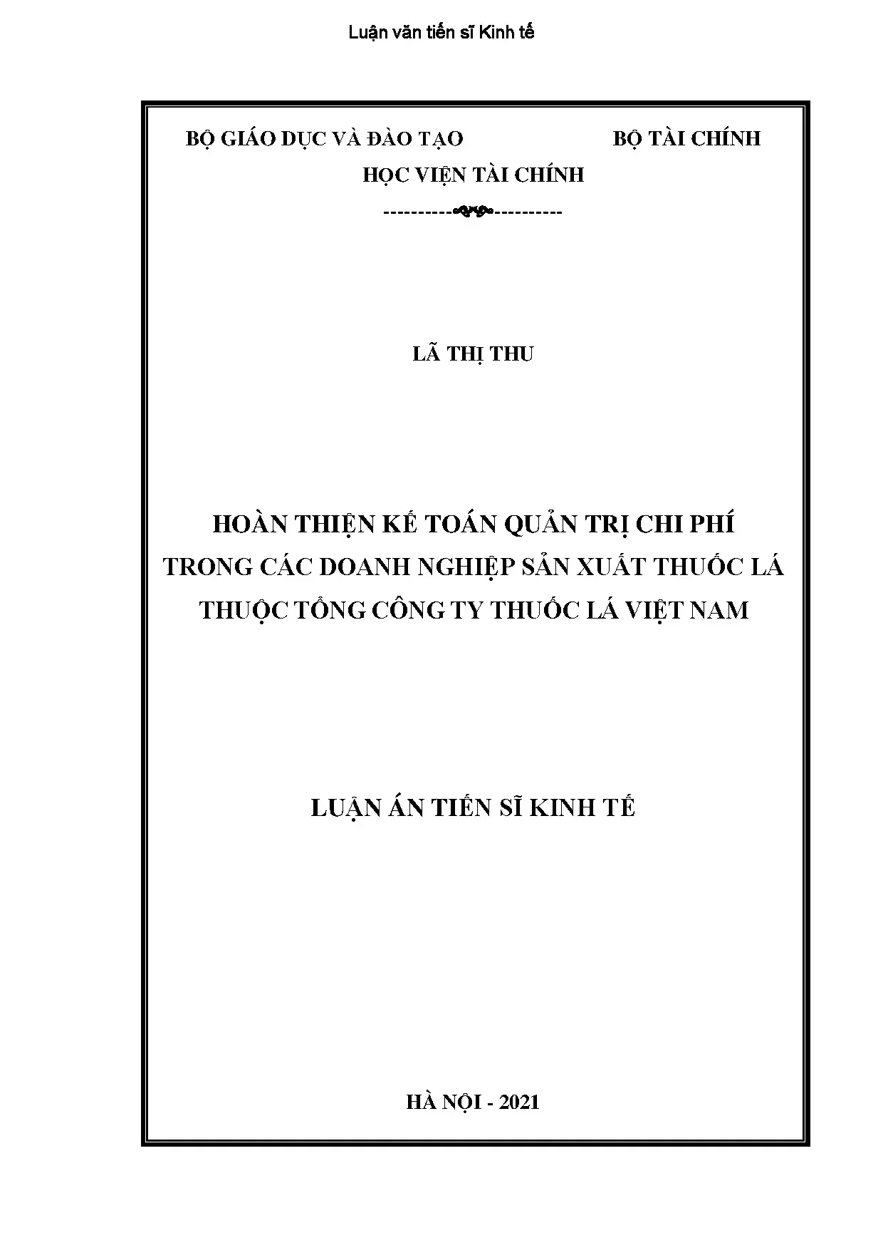 Hoàn thiện Kế toán quản trị chi phí doanh nghiệp thuốc lá Việt Nam