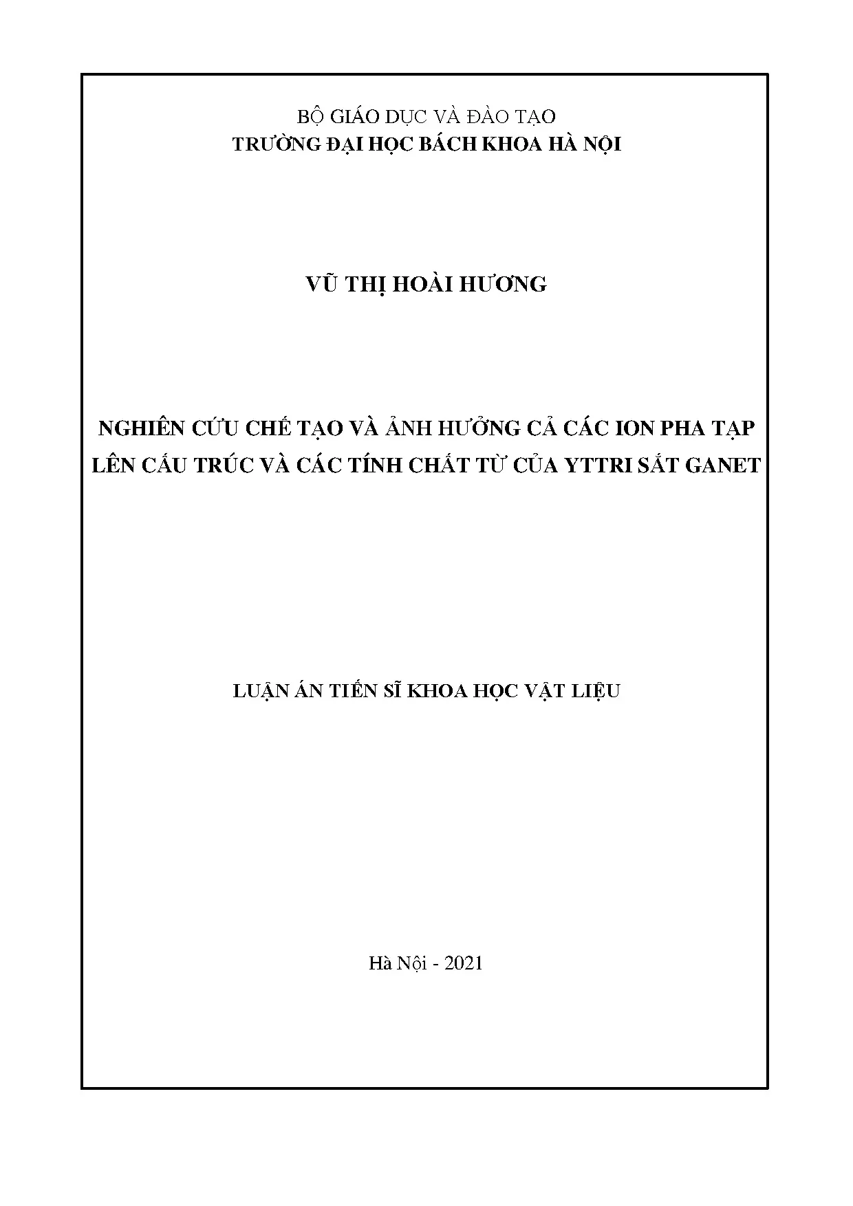 Nghiên cứu chế tạo và ảnh hưởng của ion pha tạp lên cấu trúc và tính chất từ của yttri sắt ganet