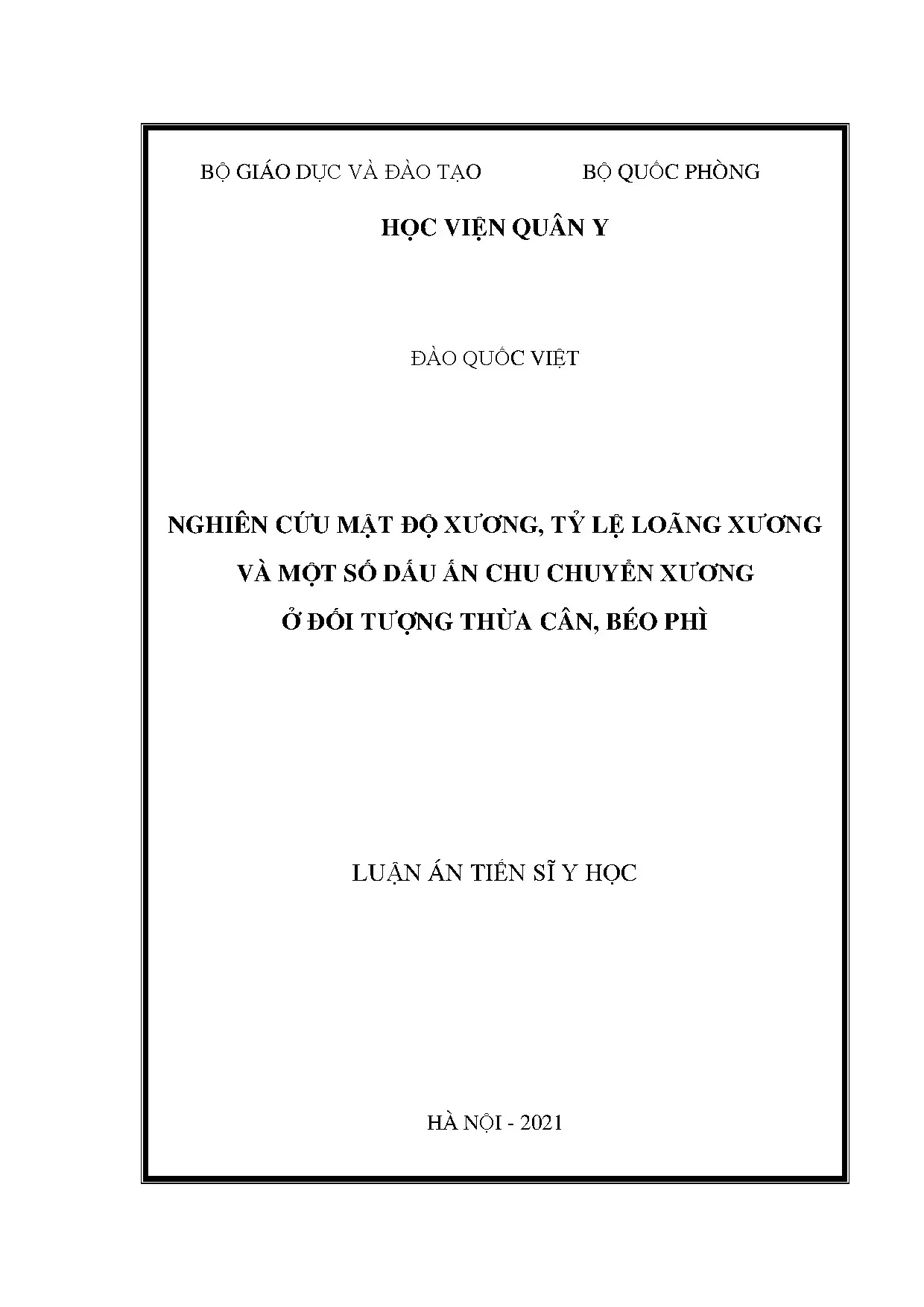 Nghiên cứu mật độ xương tỷ lệ loãng xương và dấu ấn chu chuyển xương ở đối tượng thừa cân béo phì