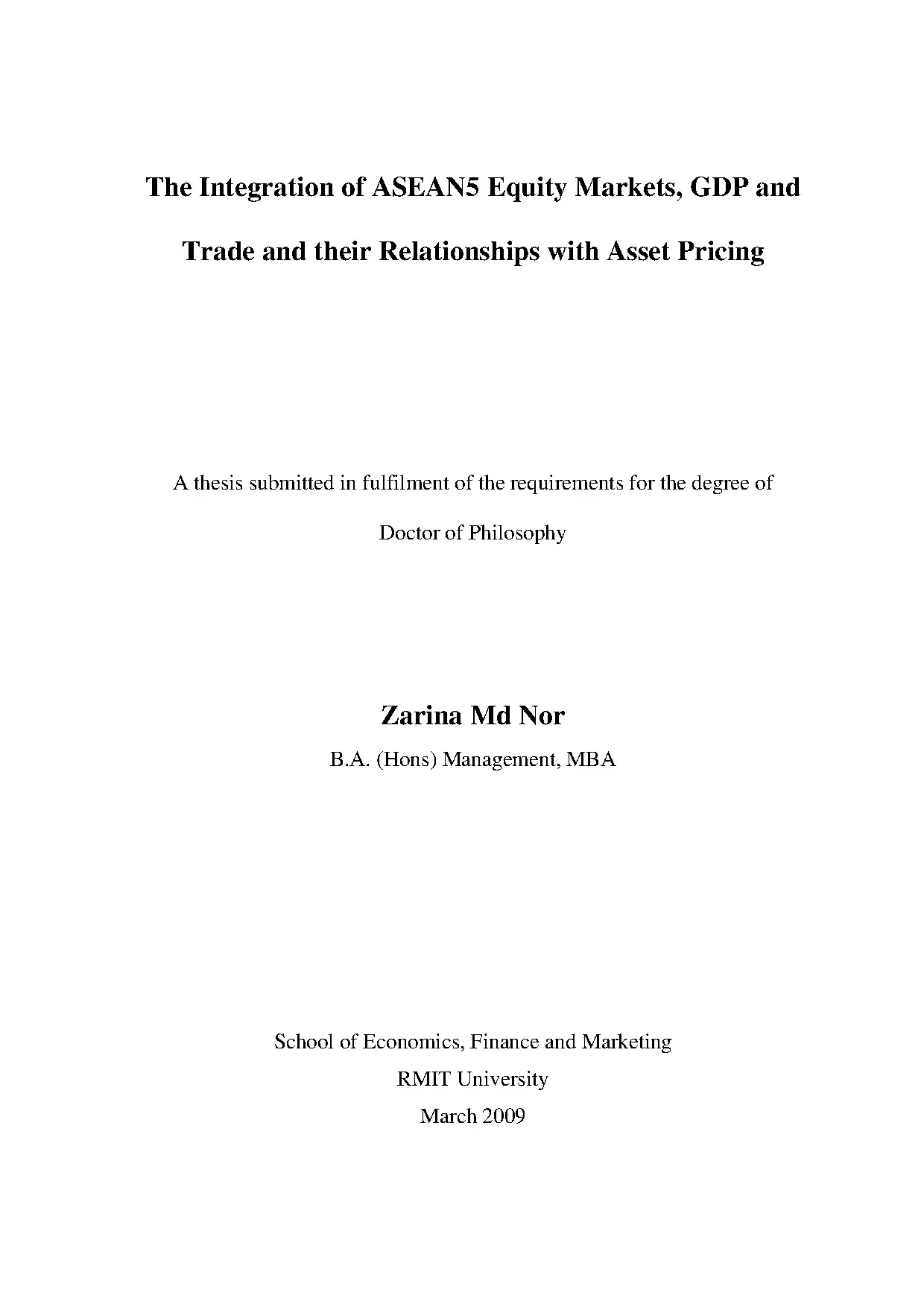 Doctoral thesis of philosophy integration of asean5 equity m