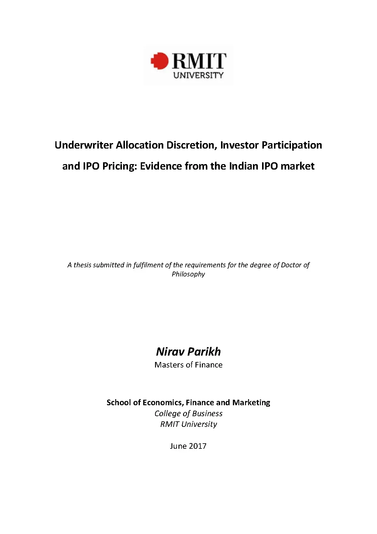 Doctoral thesis of philosophy underwriter allocation discret
