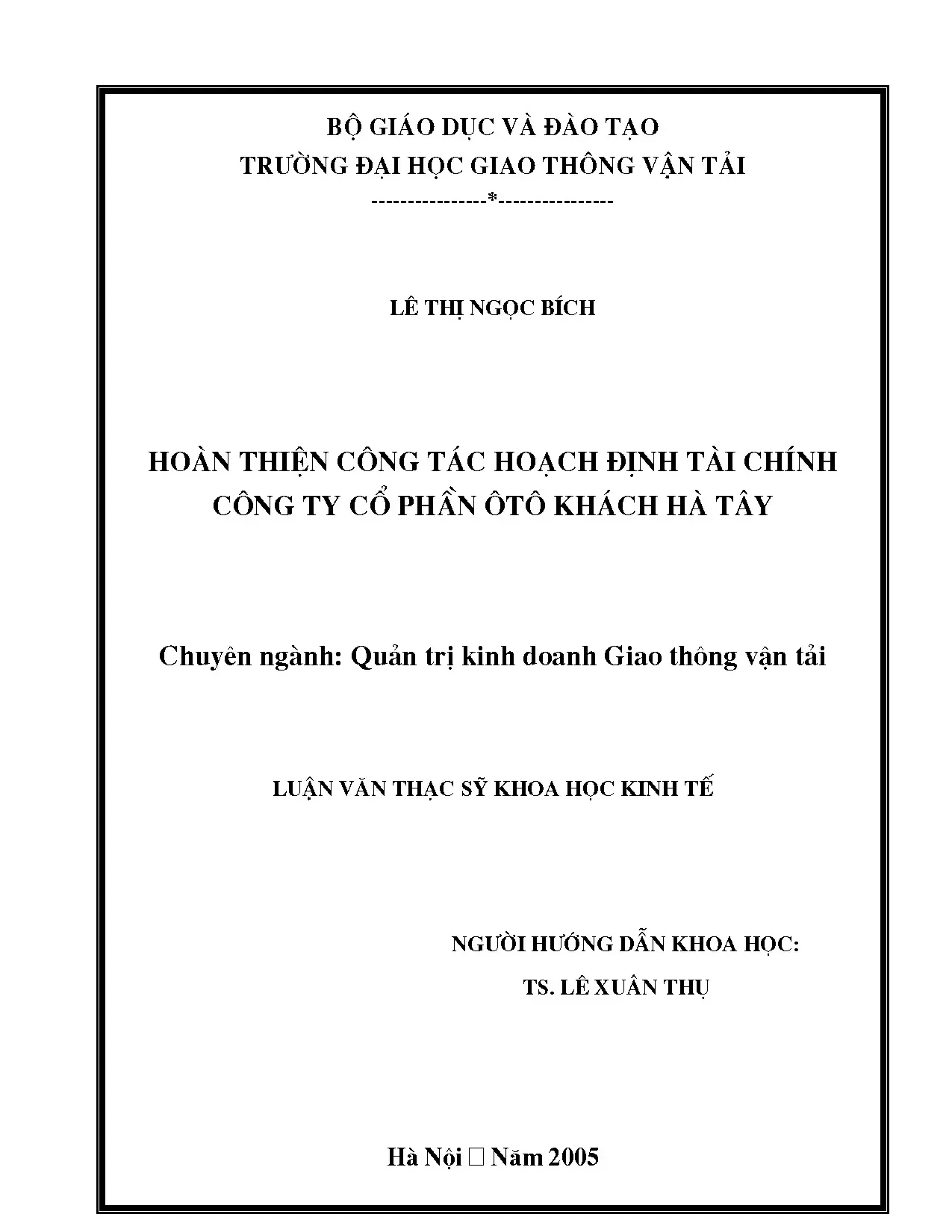 Hoạch định tài chính Công ty Ô tô Khách Hà Tây
