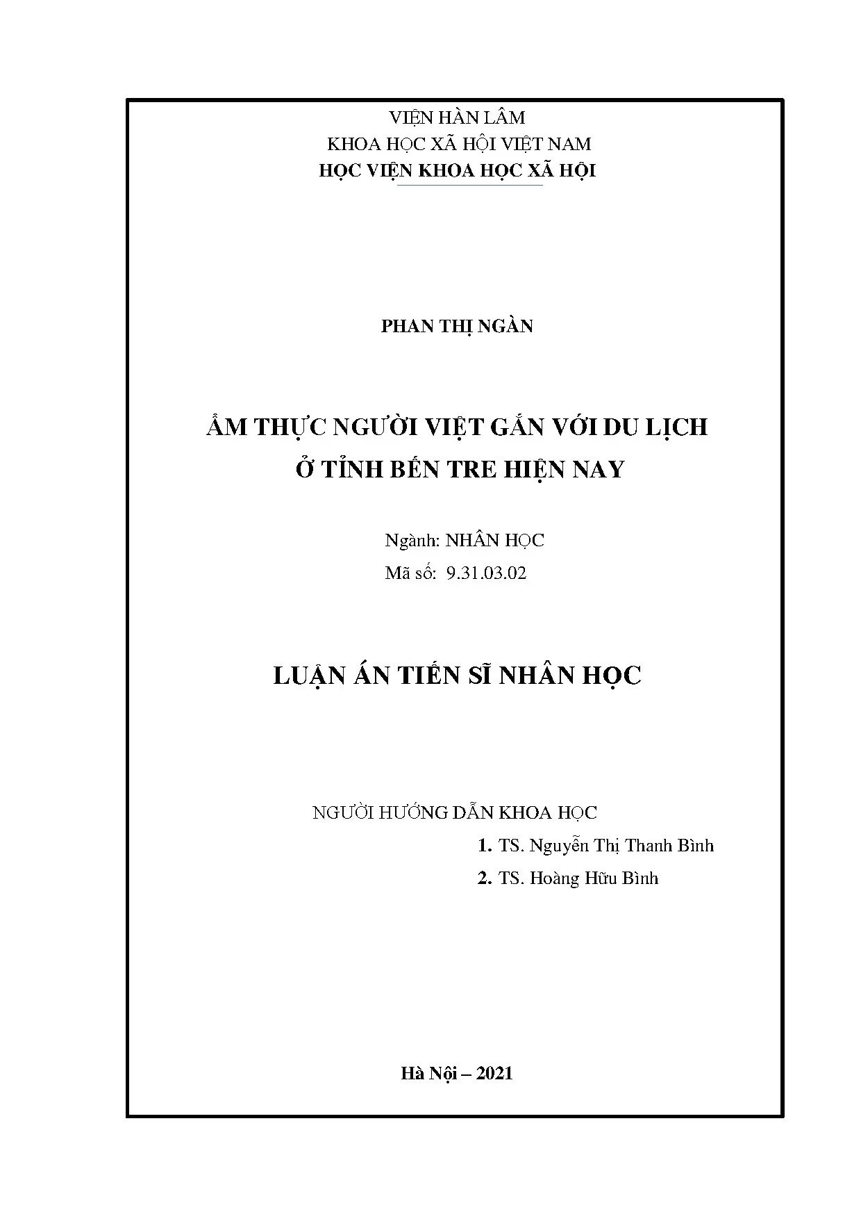 Ẩm thực Việt Nam & Du lịch Bến Tre: Luận án Tiến sĩ