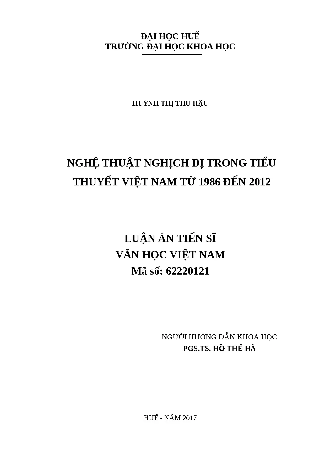 Luận án tiến sĩ: Nghệ thuật nghịch dị trong tiểu thuyết Việt Nam (1986-2012)