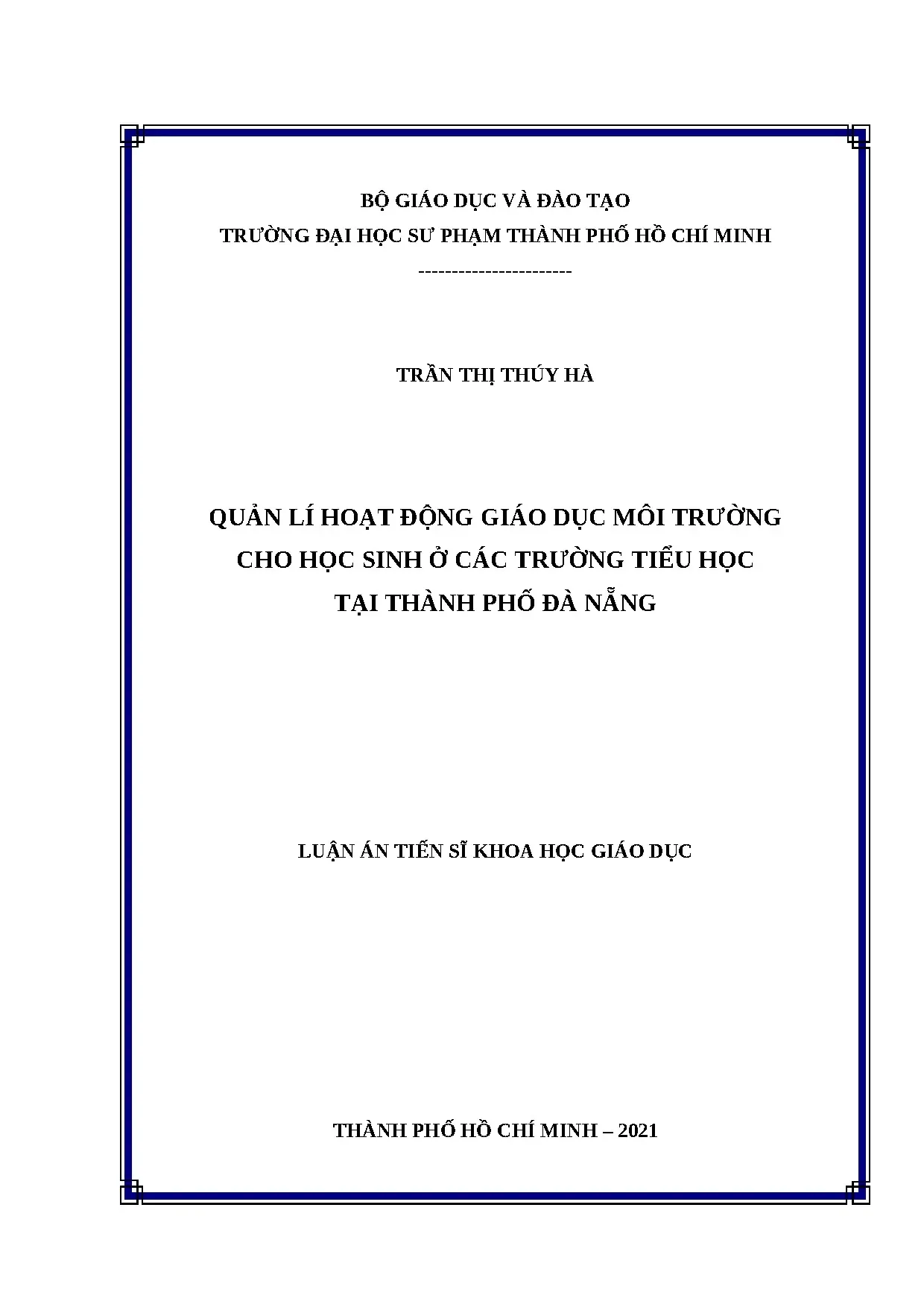 Luận án quản lí hoạt động giáo dục môi trường cho học sinh ở