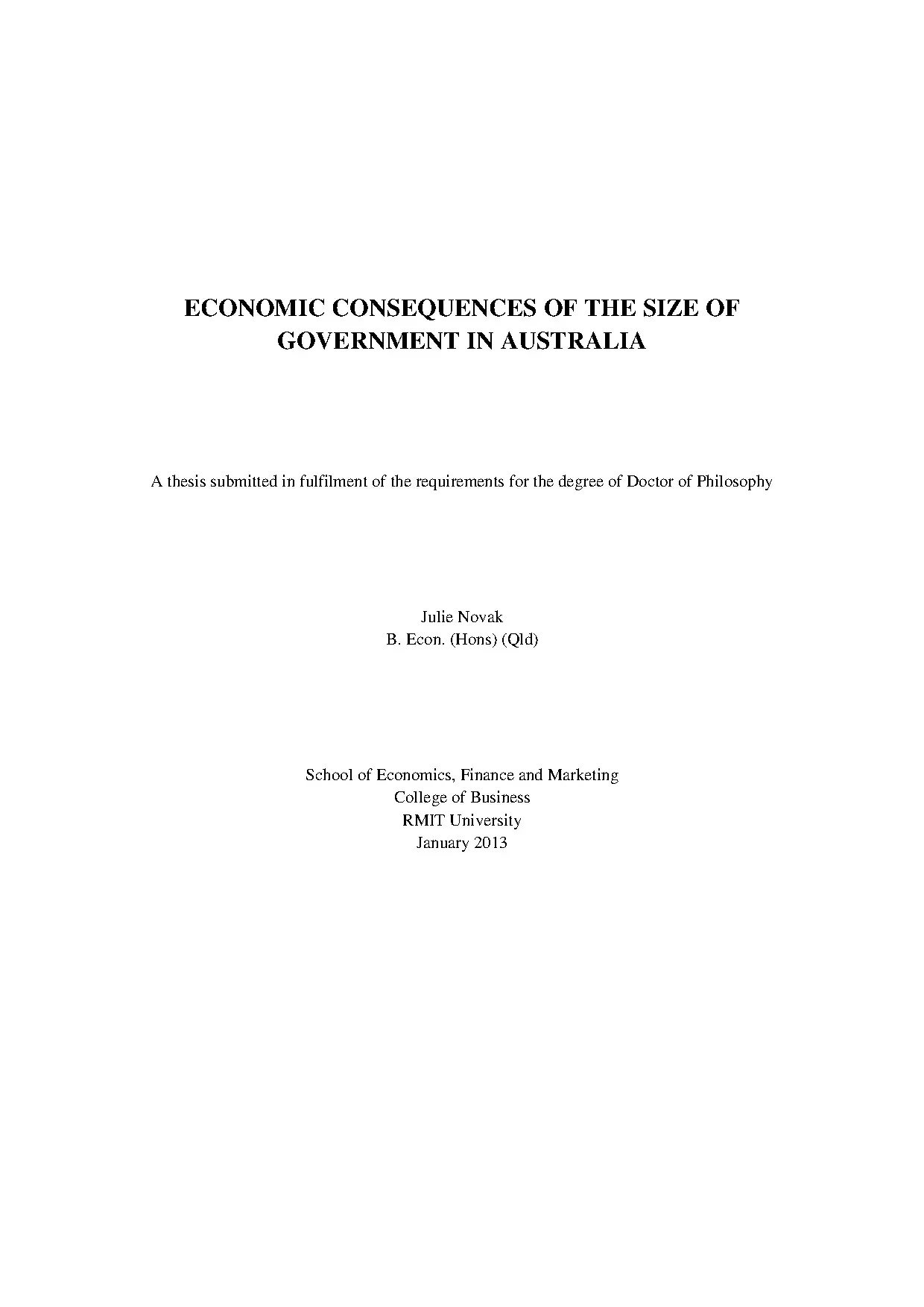 Economic Consequences of Government Size in Australia