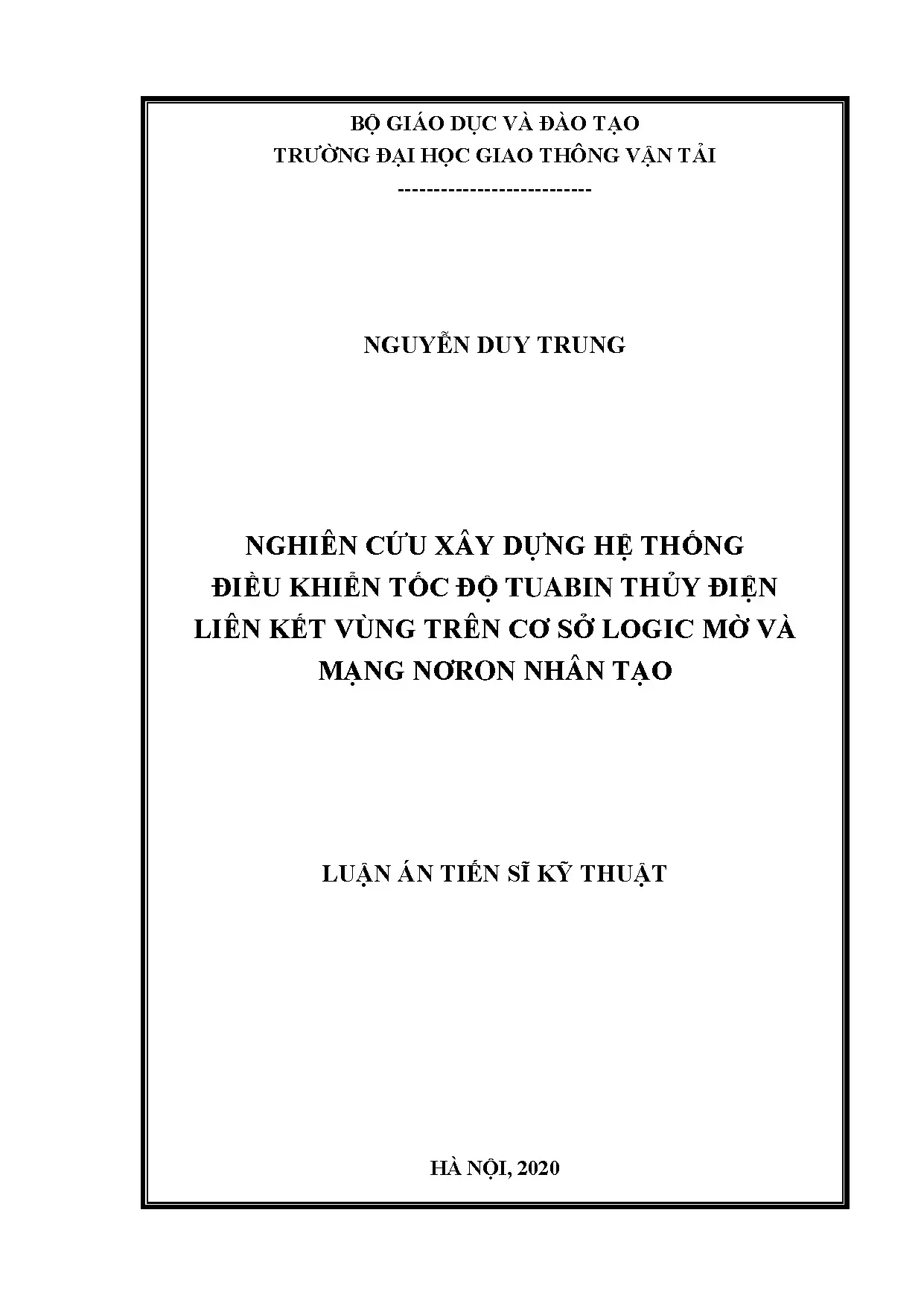 Luận án xây dựng hệ điều khiển tốc độ tuabin thủy điện bằng logic mờ và mạng nơ ron