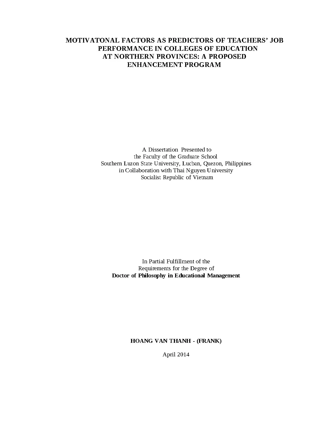 Các yếu tố động lực ảnh hưởng đến hiệu suất công việc của giáo viên tại các trường cao đẳng giáo dục ở tỉnh phía Bắc: Đề xuất chương trình nâng cao