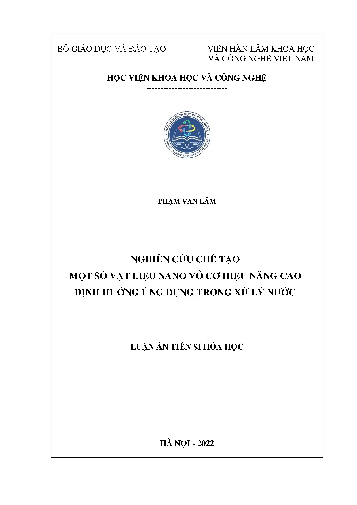 Vật liệu Nano Vô cơ Xử lý Nước - Luận án TS Hóa học
