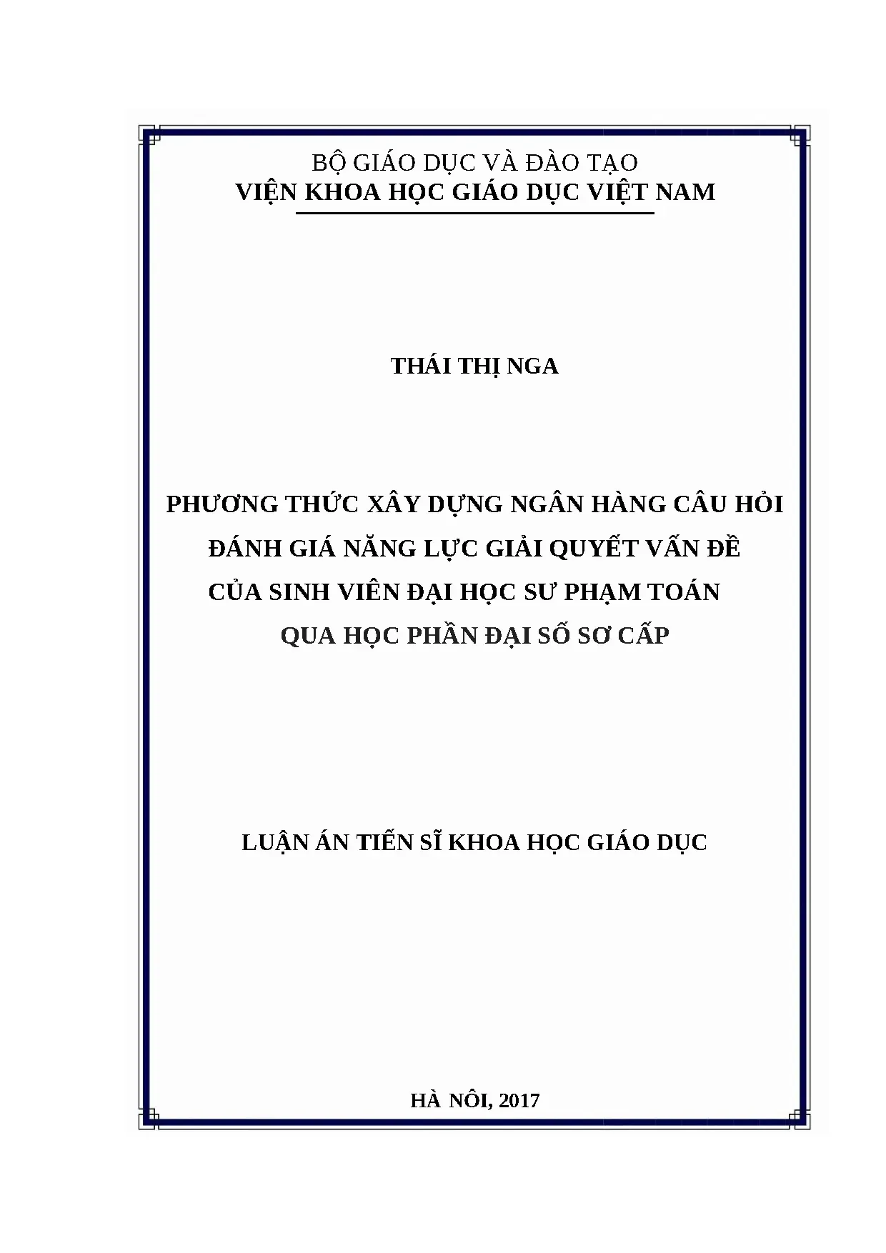 Luận án phương thức xây dựng ngân hàng câu hỏi đánh giá năng