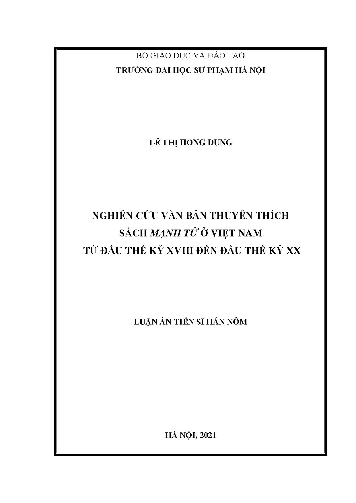 Nghiên cứu văn bản thuyên thích sách mạnh tử ở việt nam từ đ