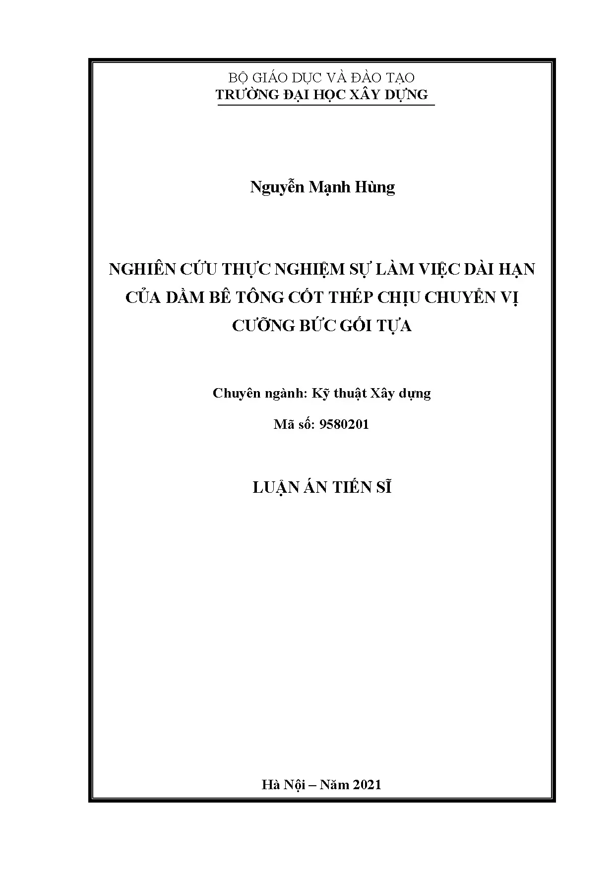 Nghiên cứu thực nghiệm sự làm việc dài hạn dầm BTCT chịu chuyển vị cưỡng bức
