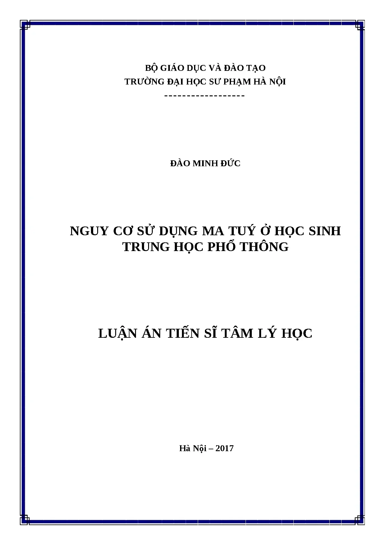 Luận án nguy cơ sử dụng ma tuý ở học sinh trung học phổ thôn