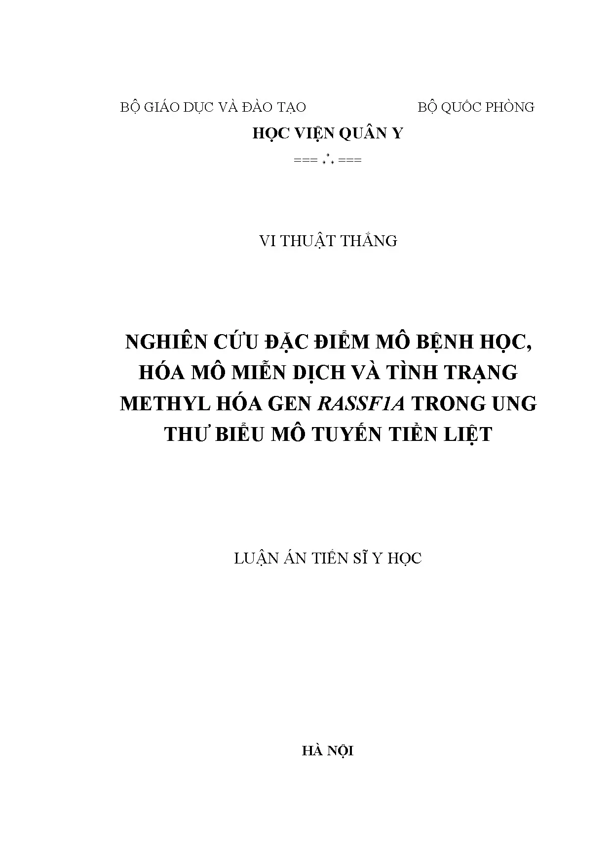 Nghiên cứu đặc điểm mô bệnh học, hóa mô miễn dịch và methyl hóa gen RASSF1A trong ung thư tuyến tiền liệt