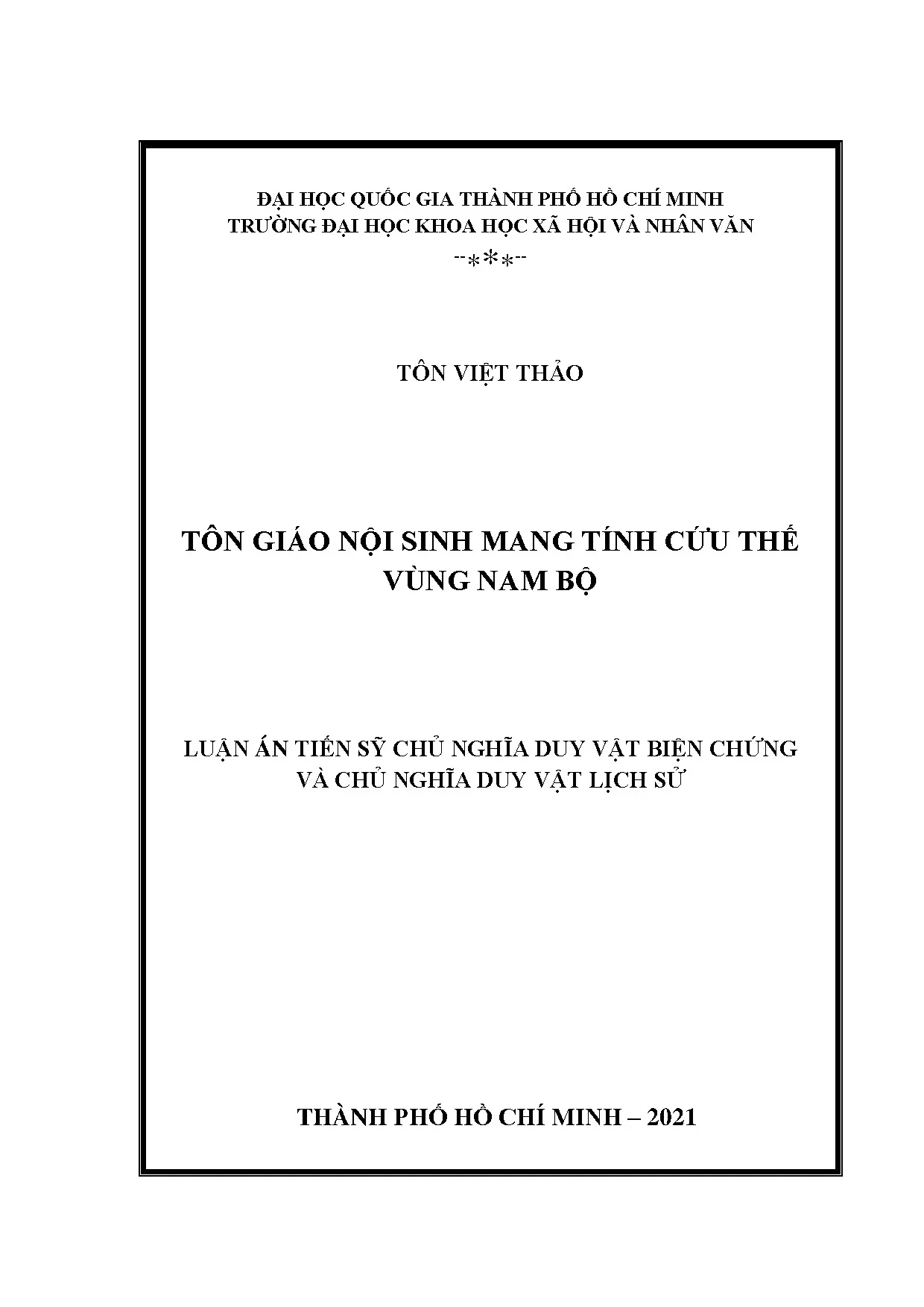 Tôn giáo nội sinh cứu thế miền Nam: Luận án Tiến sĩ