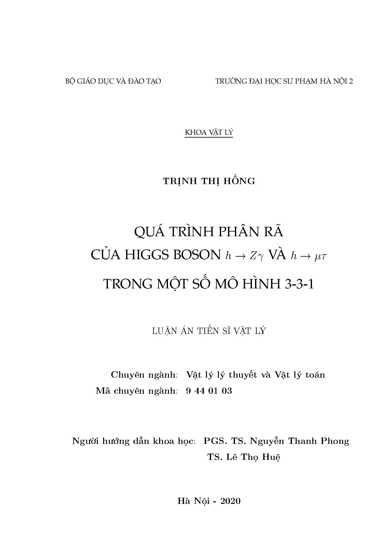 Luận án tiến sĩ vật lý: Phân rã Higgs boson h → Zγ, h → μτ trong mô hình 3-3-1