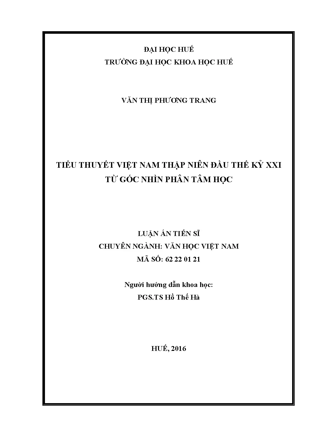 Luận án tiến sĩ phân tâm học tiểu thuyết Việt Nam thế kỷ XXI