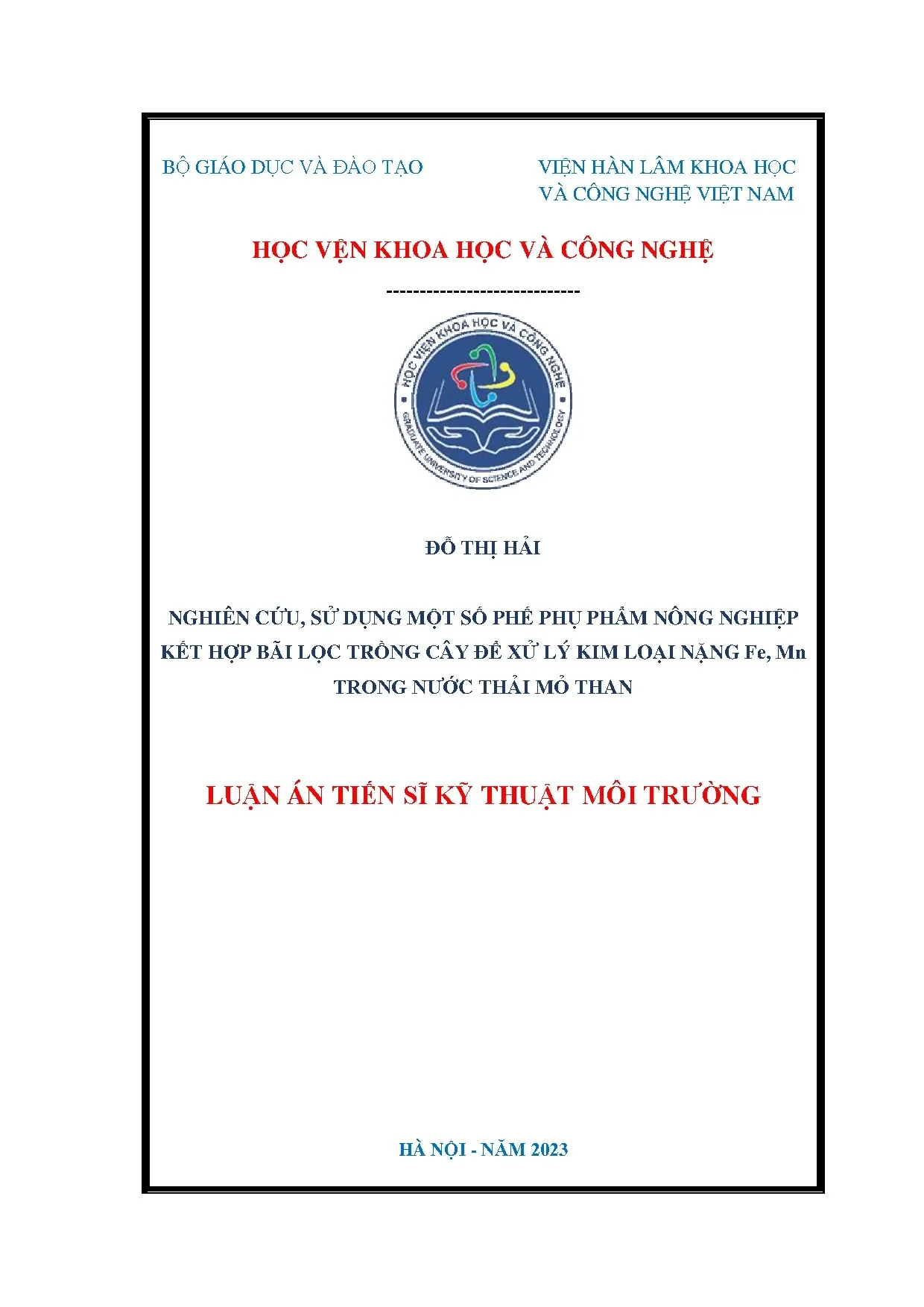 Nghiên cứu sử dụng phế phụ phẩm nông nghiệp kết hợp bãi lọc trồng cây để xử lý kim loại nặng Fe, Mn trong nước thải mỏ than
