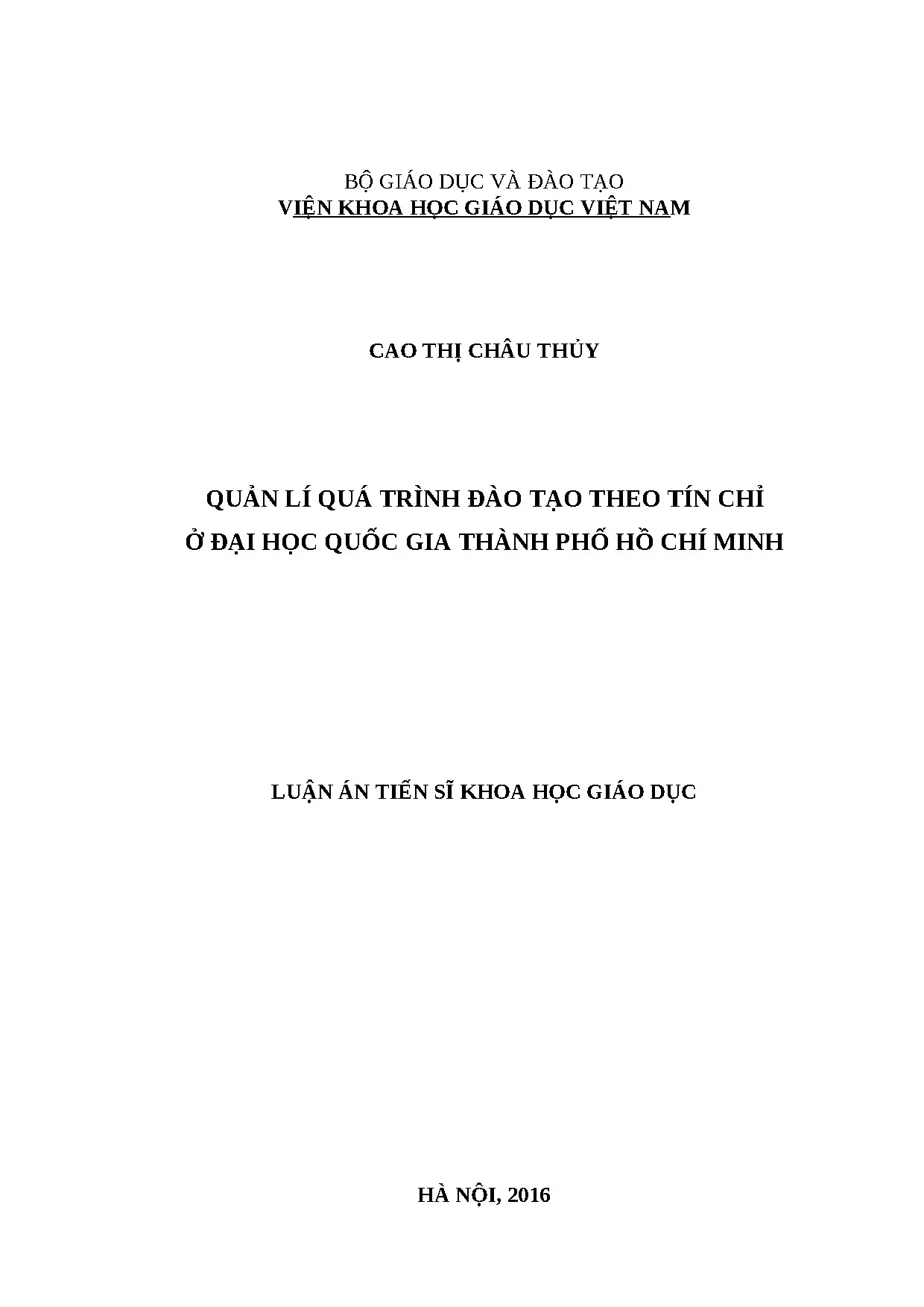 Luận án quản lí quá trình đào tạo theo tín chỉ ở đại học quố