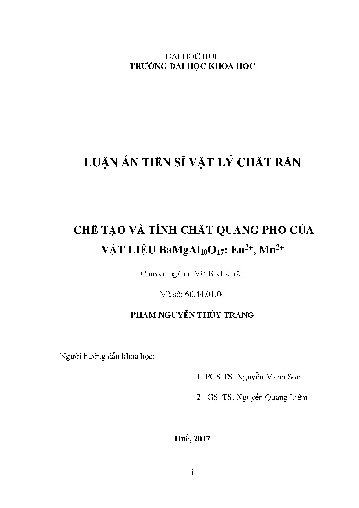Luận án tiến sĩ vật liệu phát quang BaMgAl10O17: Eu2+, Mn2+ chế tạo bằng phương pháp nổ