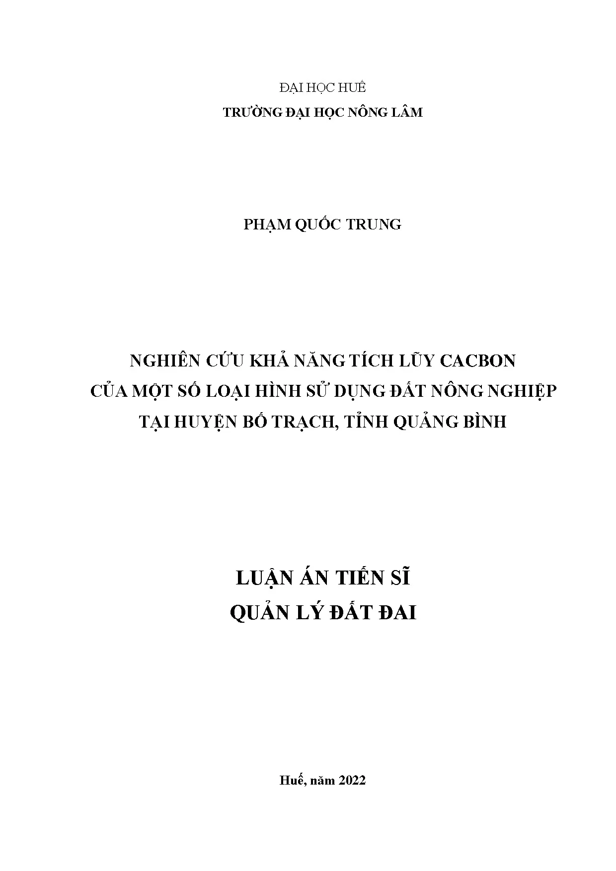 Tích lũy Carbon Đất Nông nghiệp Bố Trạch - Luận án TS