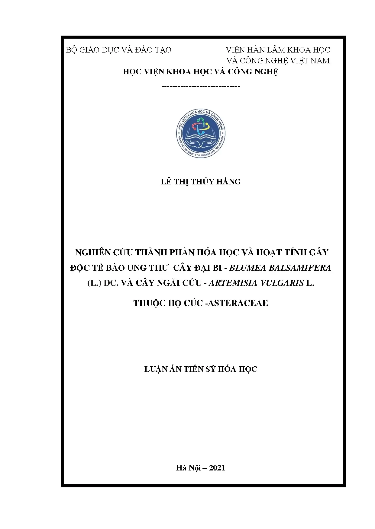 Nghiên cứu thành phần hóa học và hoạt tính gây độc tế bào ung thư cây đại bi và ngải cứu