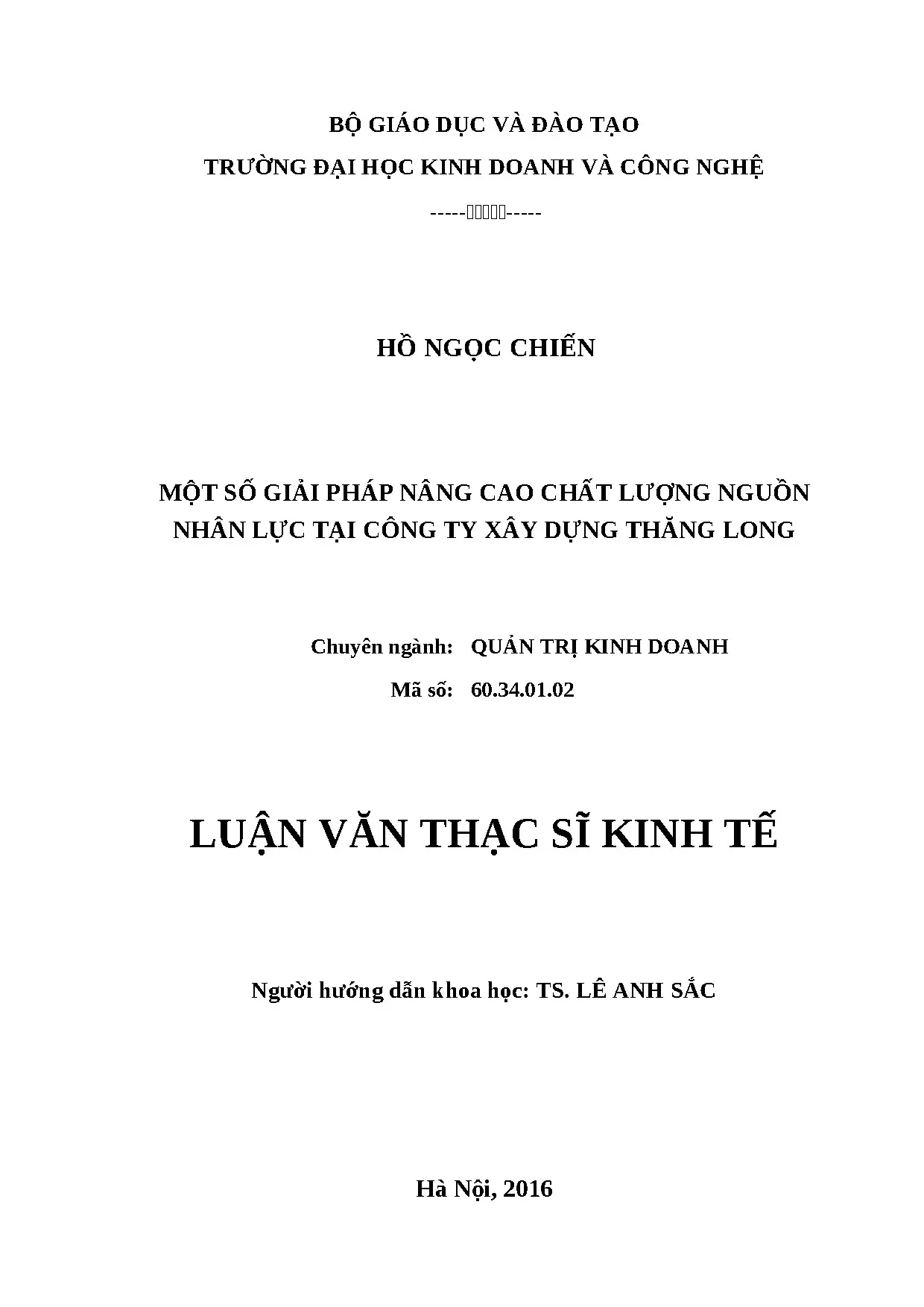 Giải pháp nâng cao chất lượng nguồn nhân lực tại công ty xây dựng Thăng Long