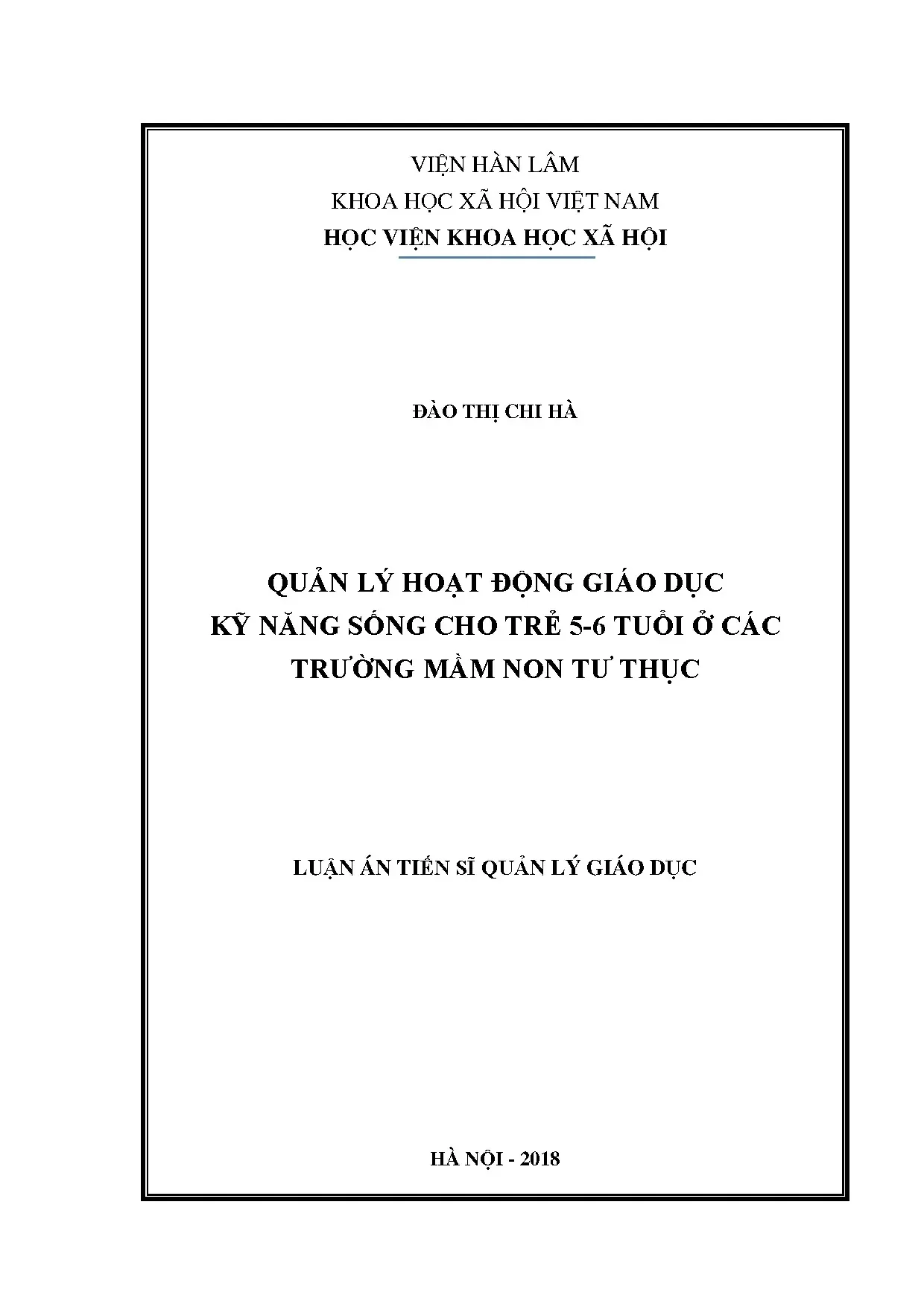 Luận án quản lý giáo dục kỹ năng sống trẻ 5-6 tuổi mầm non tư thục