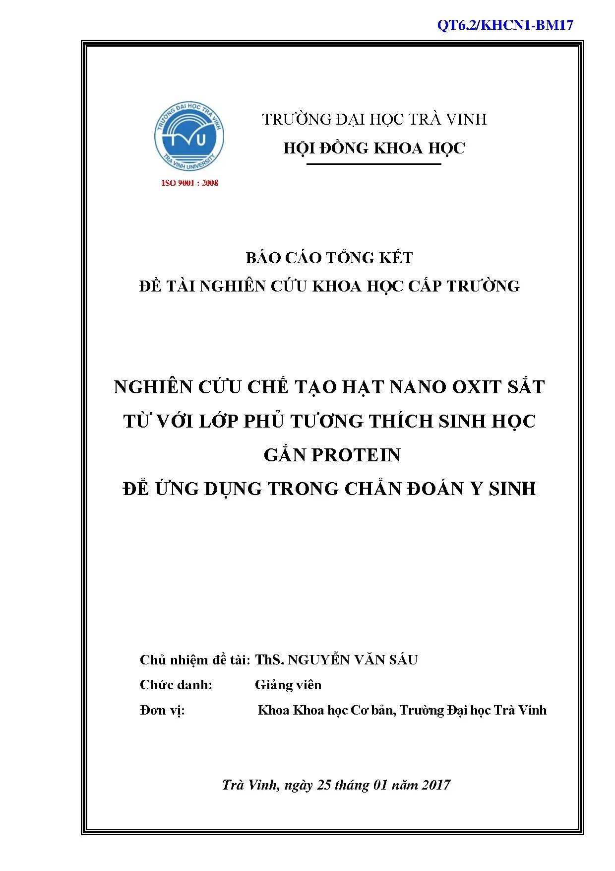 Nghiên cứu chế tạo hạt nano oxit sắt từ ứng dụng chẩn đoán y sinh