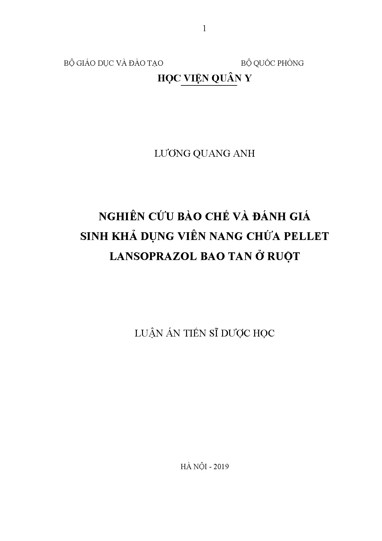 Nghiên cứu bào chế viên nang lansoprazol bao tan ruột sinh khả dụng