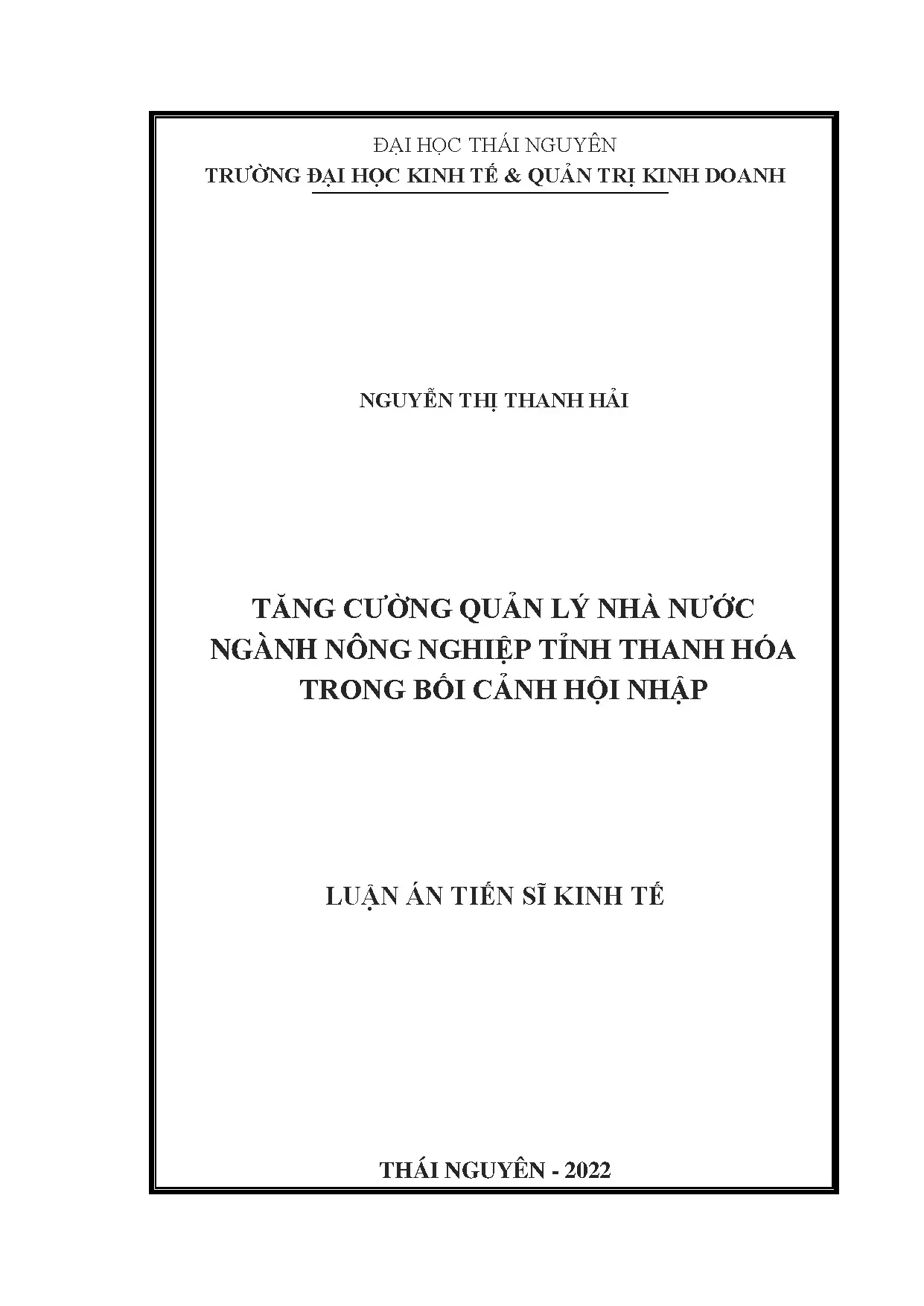 Tăng cường quản lý nhà nước ngành nông nghiệp tỉnh Thanh Hóa trong bối cảnh hội nhập