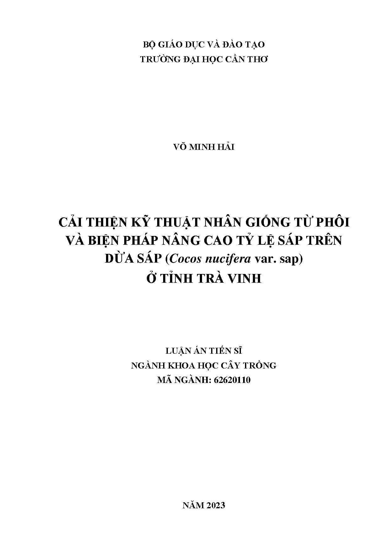 Cải thiện kỹ thuật nhân giống dừa sáp bằng nuôi cấy phôi (Trà Vinh)