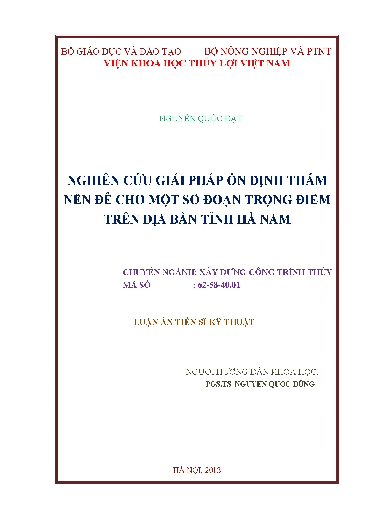 Giải pháp ổn định thấm nền đê chống mạch đùn tại Hà Nam