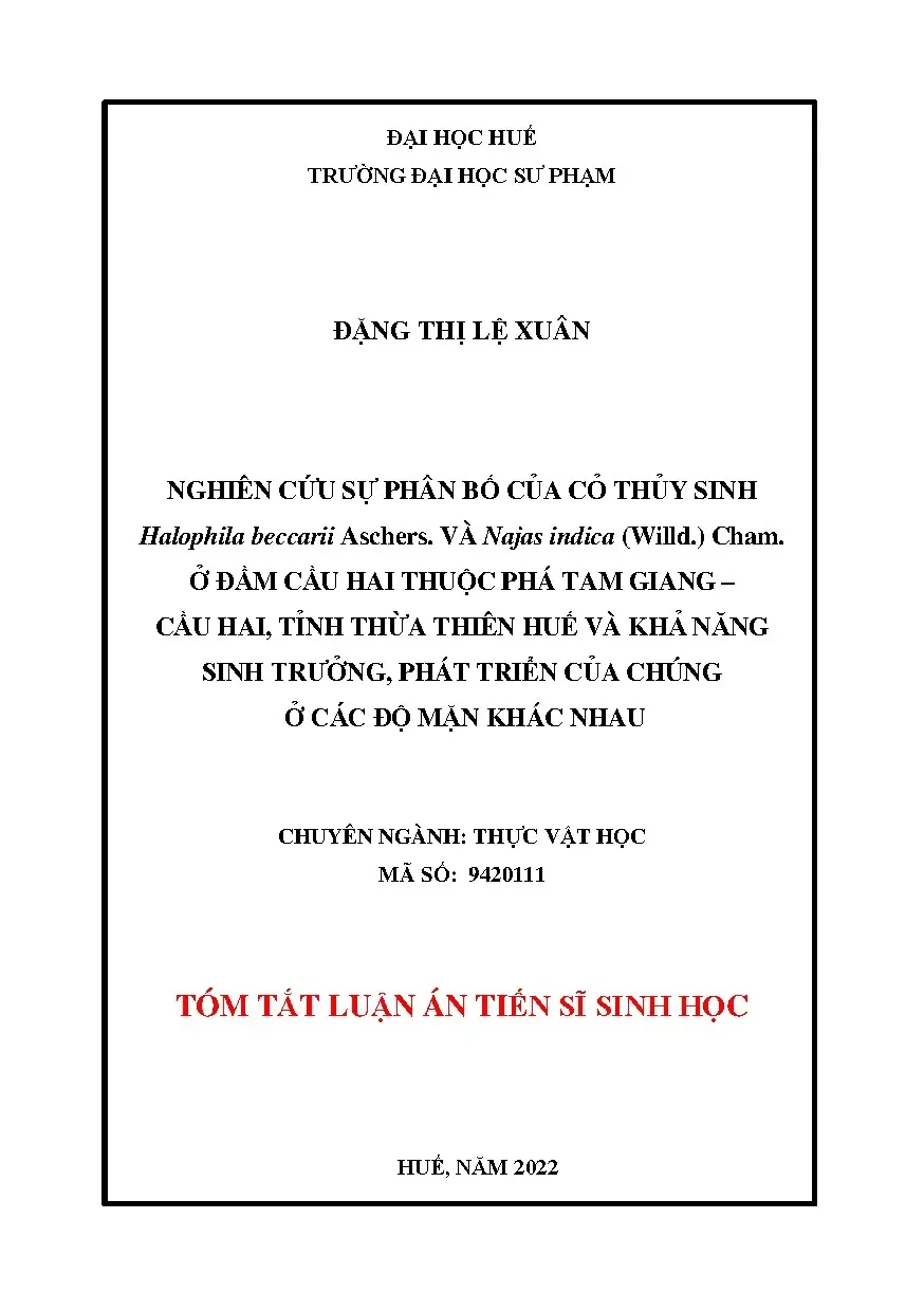 Phân bố & Sinh trưởng Cỏ thủy sinh Cầu Hai, Thừa Thiên Huế