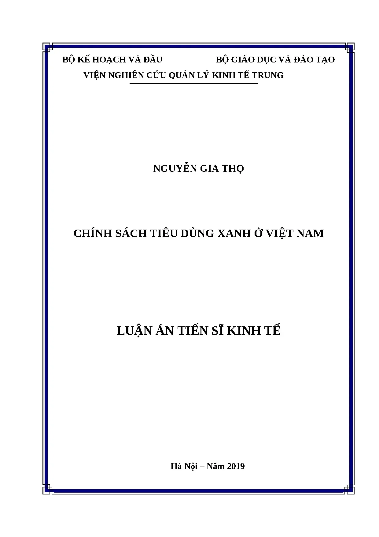 Luận án tiến sĩ chính sách tiêu dùng xanh tại Việt Nam 2019